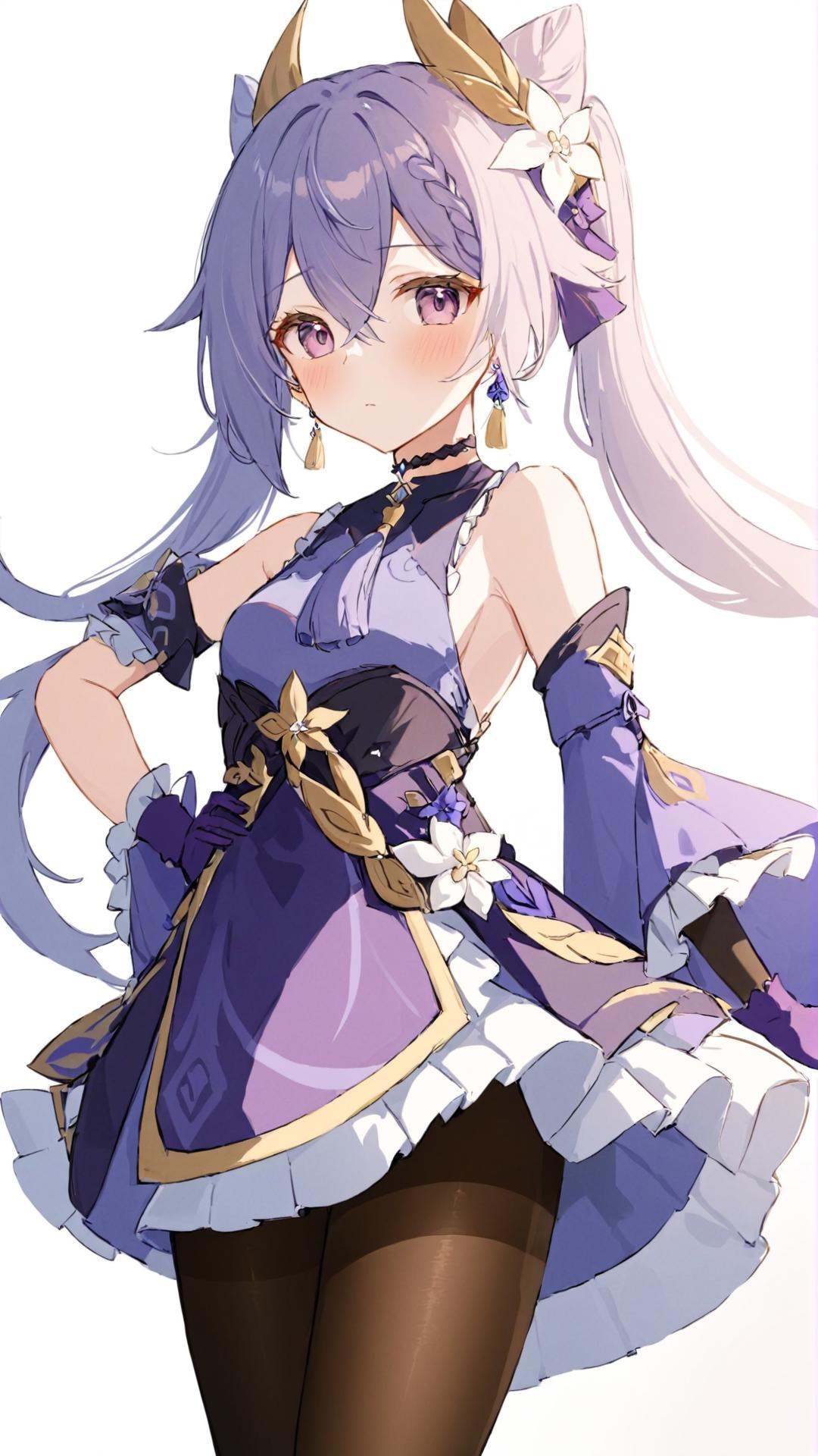 1girl, keqing \(genshin impact\), solo, breasts, gloves, looking at viewer, white background, bare shoulders, detached sleeves, hand on hip, pantyhose, neck tassel, simple background, flower, sideboob, medium breasts, blush, dress, braid, closed mouth, skirt, hair flower, cowboy shot, frills, jewelry, armpits, earrings, choker, purple gloves, frilled sleeves, black pantyhose, wide sleeves, hair between eyes, purple dress,<lora:keqing:0.8>,