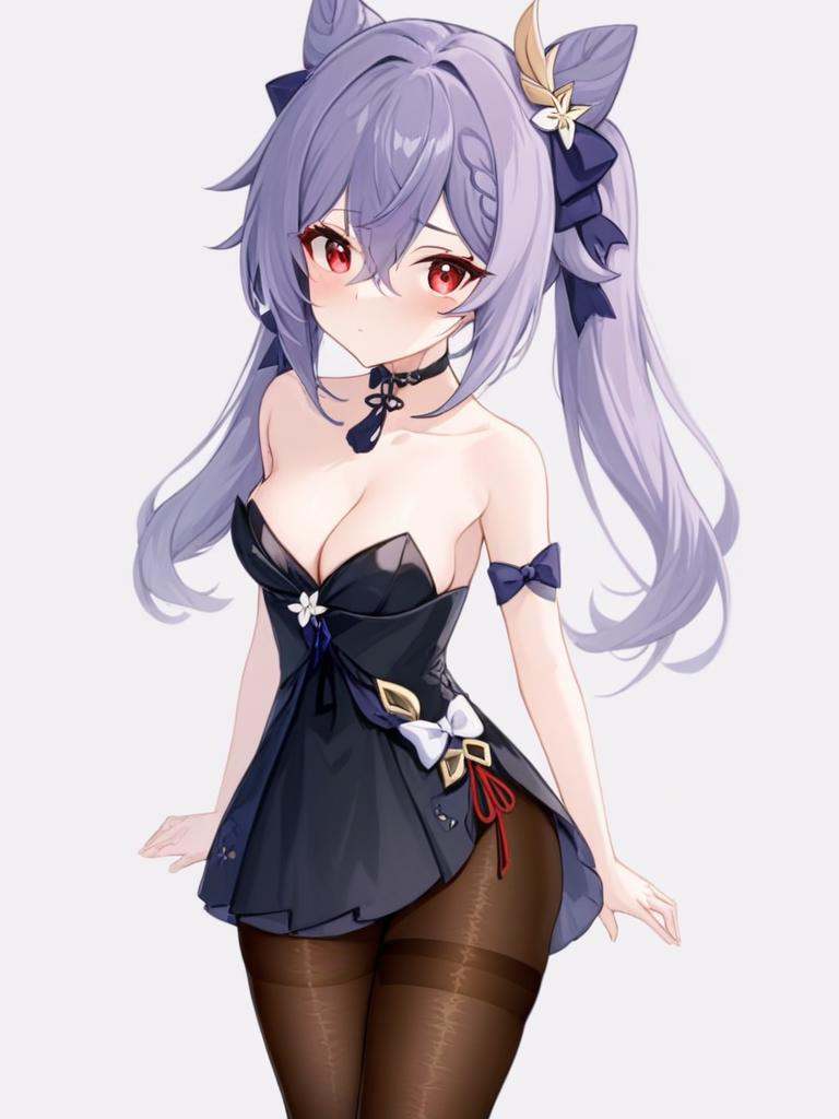 <lora:keqing:1>,1girl,keqing \(genshin impact\),solo,pantyhose,dress,black dress,breasts,looking at viewer,strapless,black pantyhose,strapless dress,hand on own chest,white background,cleavage,bow,simple background,official alternate costume,bare shoulders,closed mouth,hair between eyes,red eyes,ribbon,medium breasts,detached collar,grey background,standing,