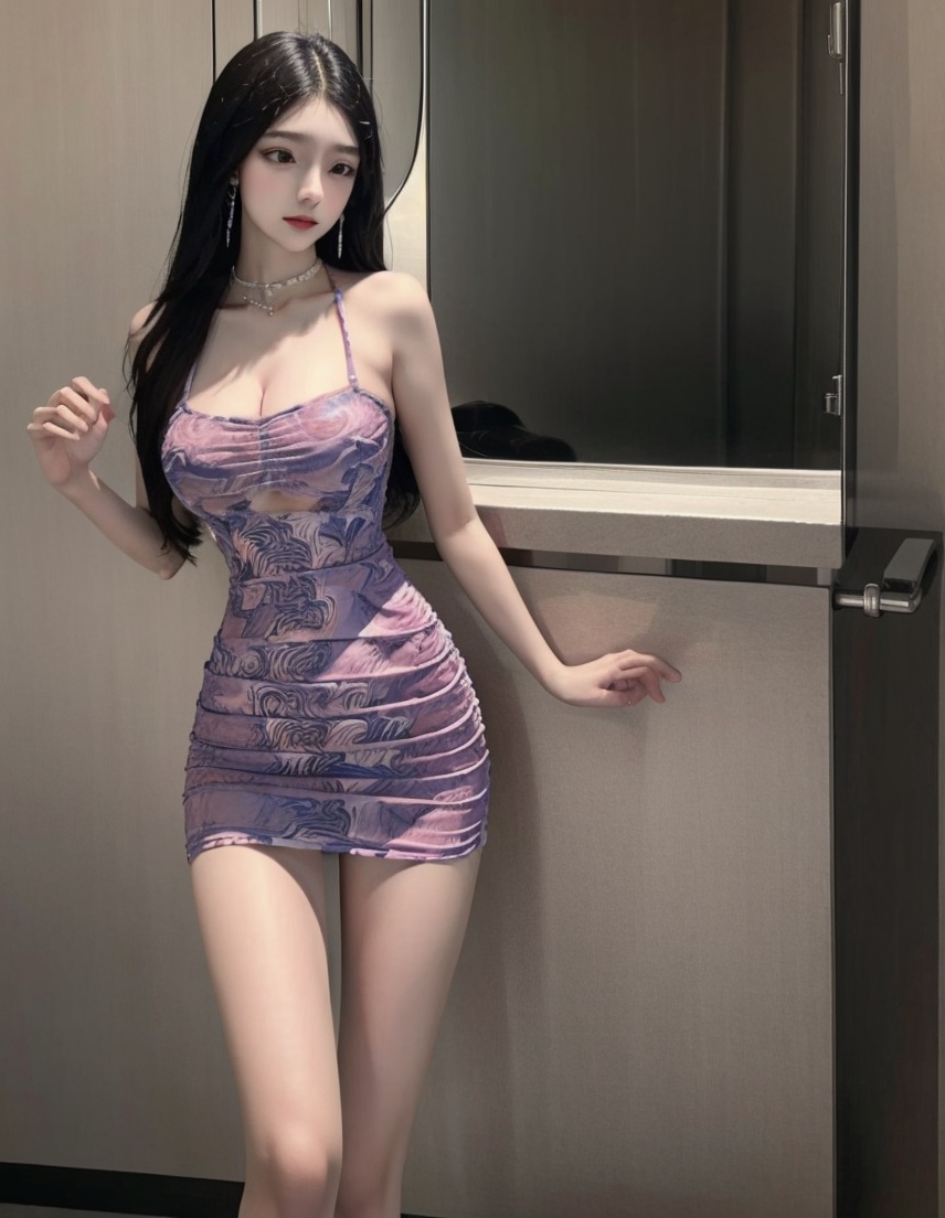 (masterpiece, best quality:1.4),finely detailed,1girl,solo,pale skin,perfect body,(standing),(medium breasts:1.2),<lora:killer性感蓝色吊带显胸连衣裙v1.0-000008:0.8>,dress,halterneck,(cowboy_shot:1.2),