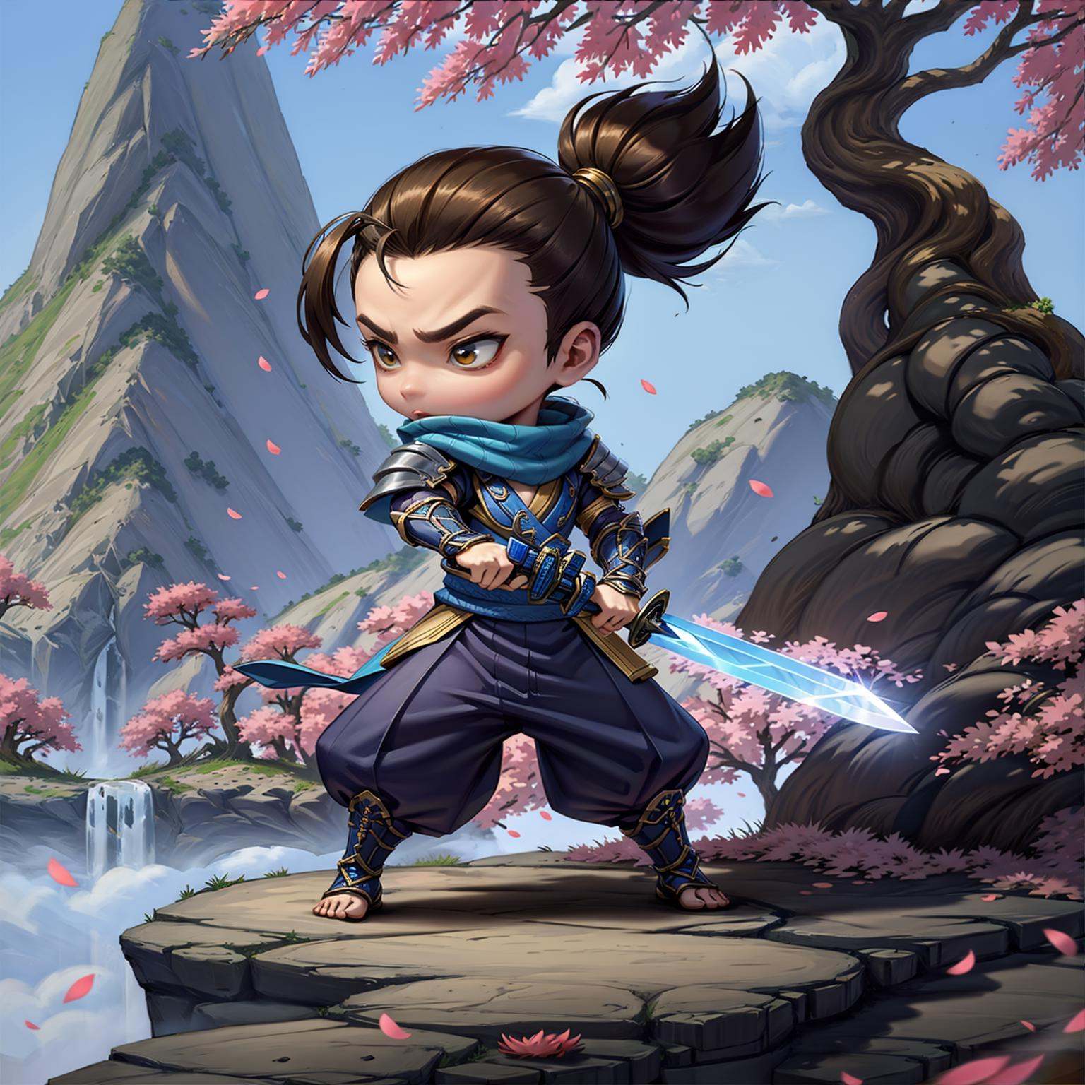 HEZI, Teamfight Tactics, little heroes, weapon, brown hair, brown eyes, solo, cherry blossoms, ponytail, sheath, holding, holding weapon, outdoors, 1girl, long hair, tree, petals, sword, chibi, standing, fighting stance, ninja, full body, male focus, sheathed, katana, architecture, holding sword, east asian architecture, day, scarf, armor, 1boy, wind, pants, sky, rock, artist name, barefoot, mask, kunai, blurry, scabbard, ahoge, serious, bangs,<lora:小小英雄-000010:0.65>,