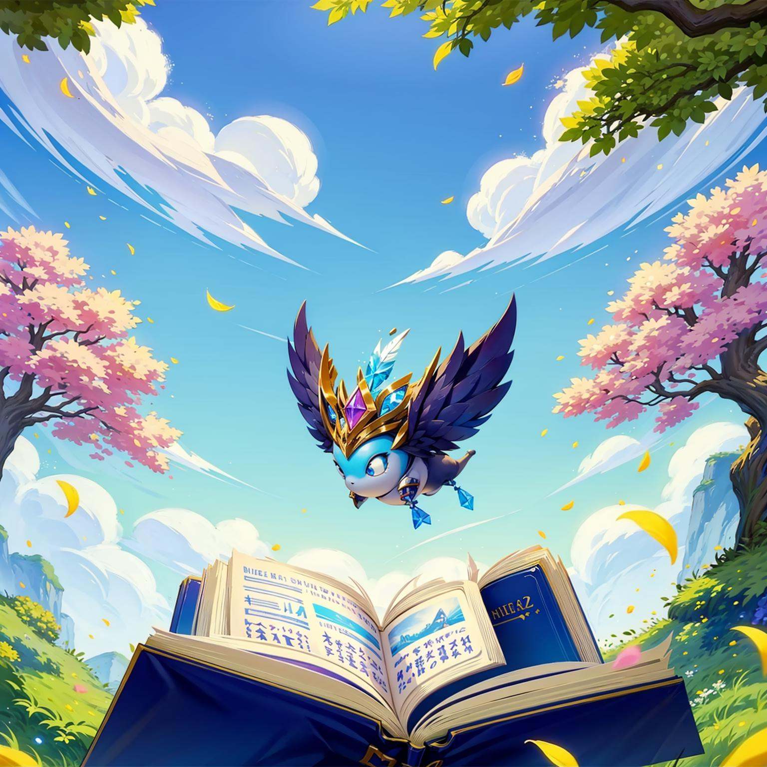 HEZI, Teamfight Tactics, little heroes, no humans, outdoors, sky, day, book, cloud, tree, open book, blue sky, floating, sparkle, crystal, scenery, petals, leaf, gem, still life, feathers, artist name, solo, floating object, quill, blurry foreground, paper, blurry,<lora:小小英雄-000010:0.5>,