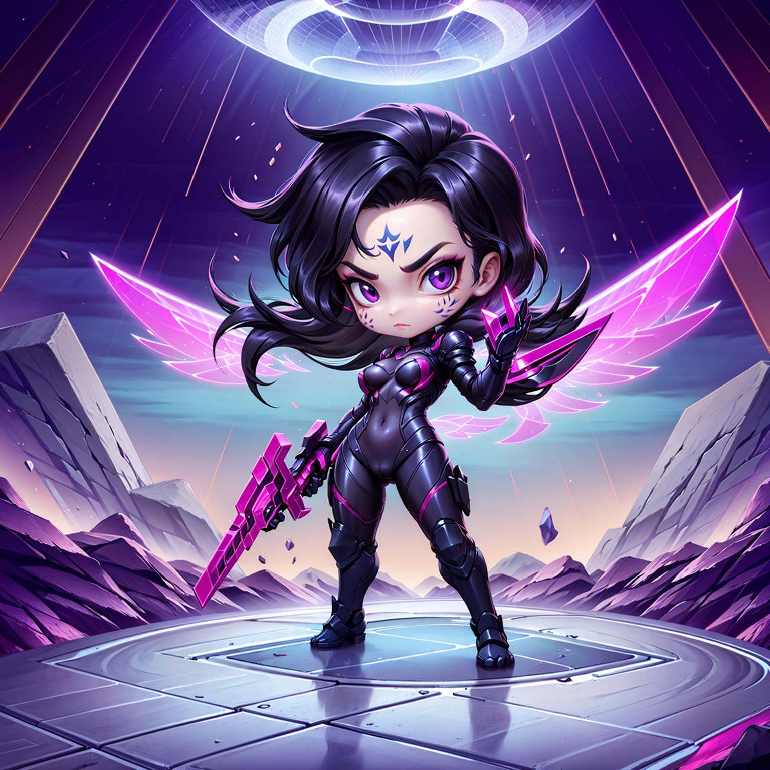 HEZI,Teamfight Tactics,little heroes,1girl,solo,bodysuit,long hair,facial mark,chibi,purple eyes,full body,looking at viewer,breasts,purple hair,black hair,standing,blue bodysuit,hand up,weapon,bangs,makeup,pink eyes,official alternate costume,closed mouth,medium breasts,outdoors,v-shaped eyebrows,multicolored bodysuit,multicolored clothes,parted bangs,rock,armor,shiny,serious,shiny hair,gloves,skin tight,small breasts,covered navel,wings,artist name,holding,alternate costume,multicolored hair,gun,dark skin,black bodysuit,floating hair,clenched hand,<lora:小小英雄-000010:0.65>,