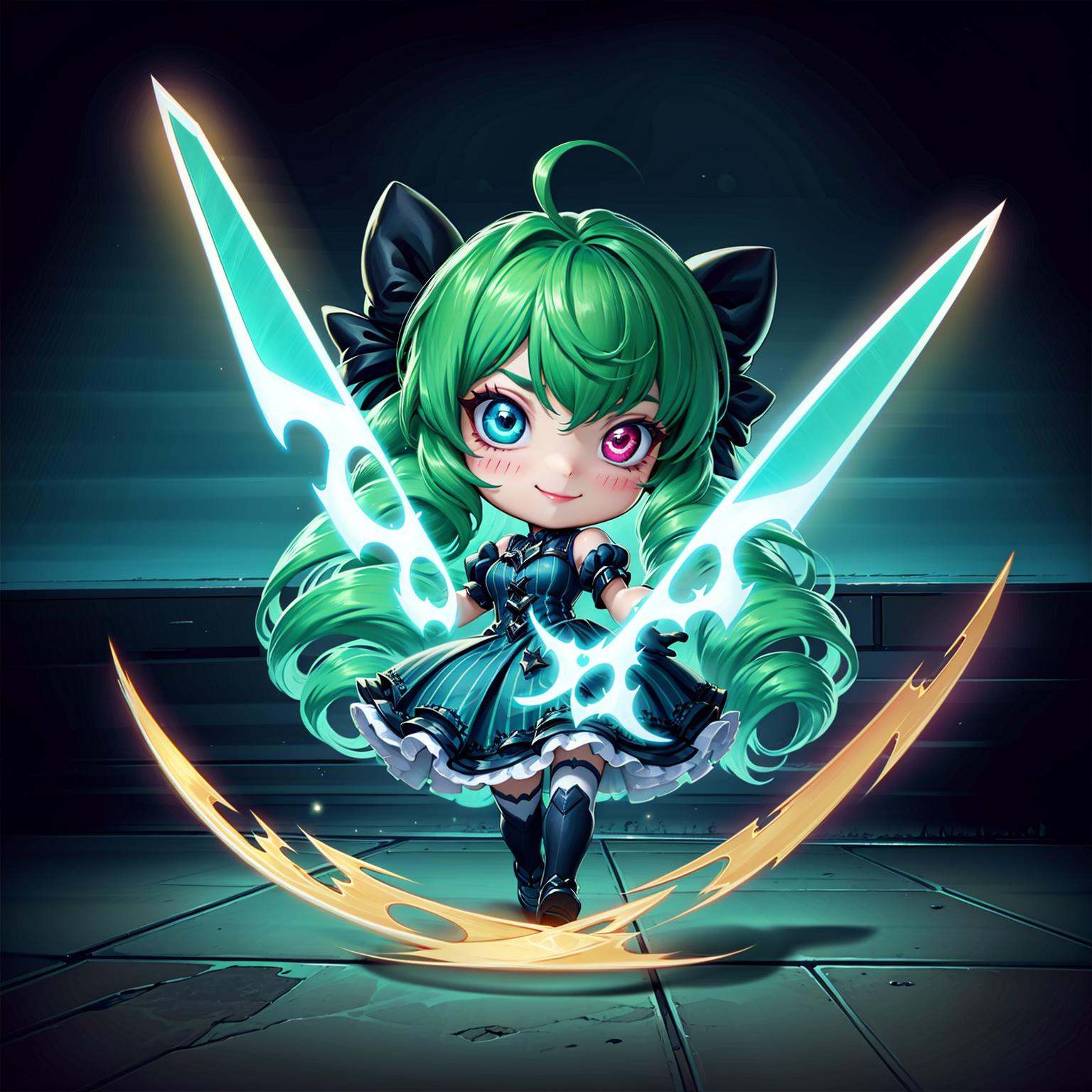 HEZI, Teamfight Tactics, little heroes, long hair, 1girl, holding, dress, smile, ahoge, bangs, bow, twintails, twin drills, hair bow, drill hair, puffy sleeves, puffy short sleeves, short sleeves, shiny hair, black dress, shiny, black bow, gloves, oversized object, scissors, green eyes, green hair, black gloves, grey dress, holding scissors, solo, solo focus, chibi, closed mouth, black sleeves, pantyhose, detached sleeves, blue hair, full body, frills, star-shaped pupils, black footwear, weapon, thighhighs, fog, heterochromia, glowing, standing, walking, frilled dress, blue eyes, outdoors, holding weapon, blush, shoes, striped, star \(symbol\)<lora:小小英雄-000010:0.65>,