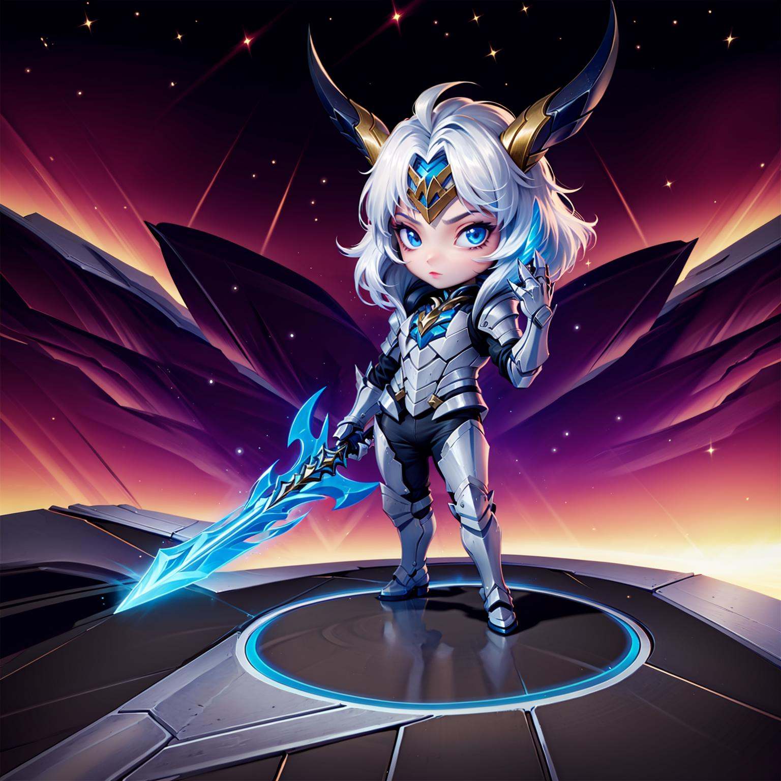 HEZI, Teamfight Tactics, little heroes, holding, weapon, solo, yordle, horns, holding weapon, pants, star \(sky\), armor, mask, standing, starry sky, helmet, hand up, colored skin, outdoors, full body, jacket, sky, 1girl, white hair, armored boots, starry sky print, glowing, long hair, male focus, space, bangs, claws, tail, night, 1boy, alternate costume, gauntlets, boots, long sleeves, facing viewer, night sky, shiny, open jacket, sword<lora:小小英雄-000010:0.65>,
