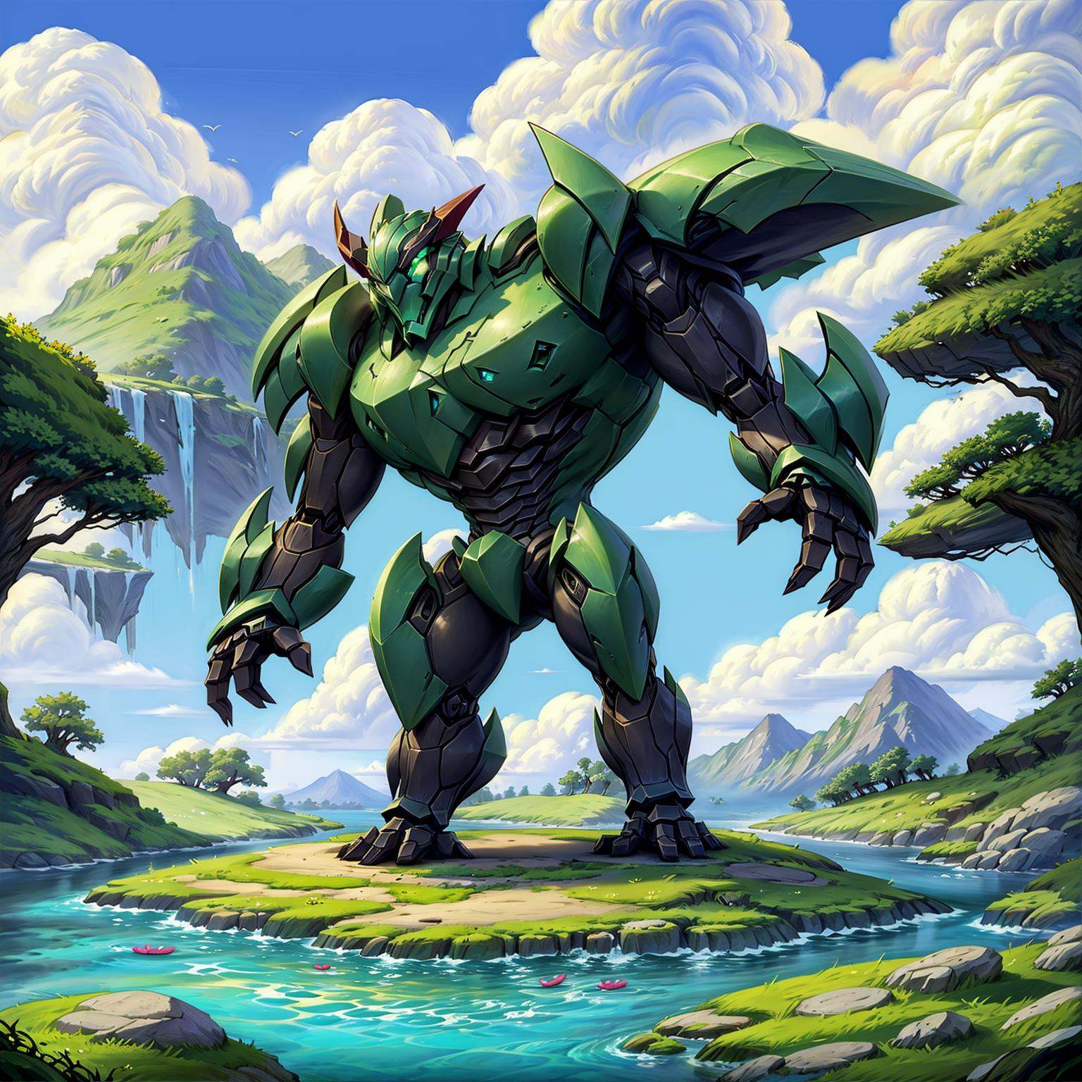 HEZI,Teamfight Tactics,little heroes,outdoors,tree,no humans,day,sky,bird,water,cloud,robot,solo,green eyes,grass,blue sky,palm tree,plant,waterfall,mountain,mecha,flower,nature,scenery,standing,glowing,sunlight,looking up,rock,cloudy sky,mountainous horizon,science fiction,animal,<lora:小小英雄-000010:0.65>,