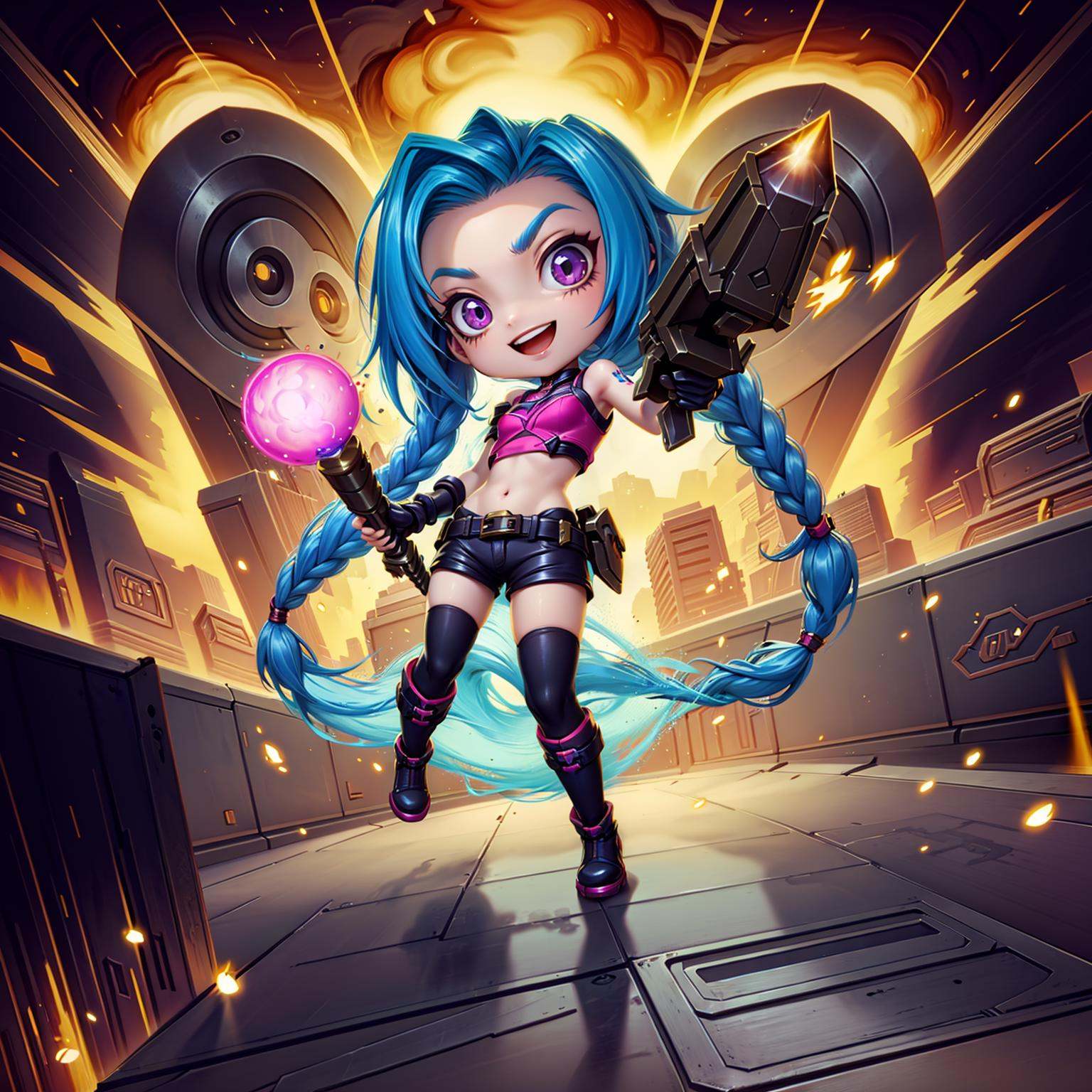 HEZI,Teamfight Tactics,little heroes,jinx \(league of legends\),1girl,rocket launcher,weapon,solo,long hair,explosion,holding,braid,chibi,twin braids,holding weapon,teeth,gloves,fingerless gloves,blue hair,bangs,smile,tattoo,pink eyes,open mouth,smoke,pink pants,:d,arm tattoo,fang,upper teeth only,belt,explosive,bare shoulders,yordle,boots,very long hair,gun,crop top,shoulder tattoo,shiny,black footwear,asymmetrical bangs,blurry,pants,full body,shoes,shiny hair,shorts,holding gun,twintails,blurry background,artist name,navel,bullet,black gloves,brown belt,flat chest,thighhighs,<lora:小小英雄-000010:0.65>,