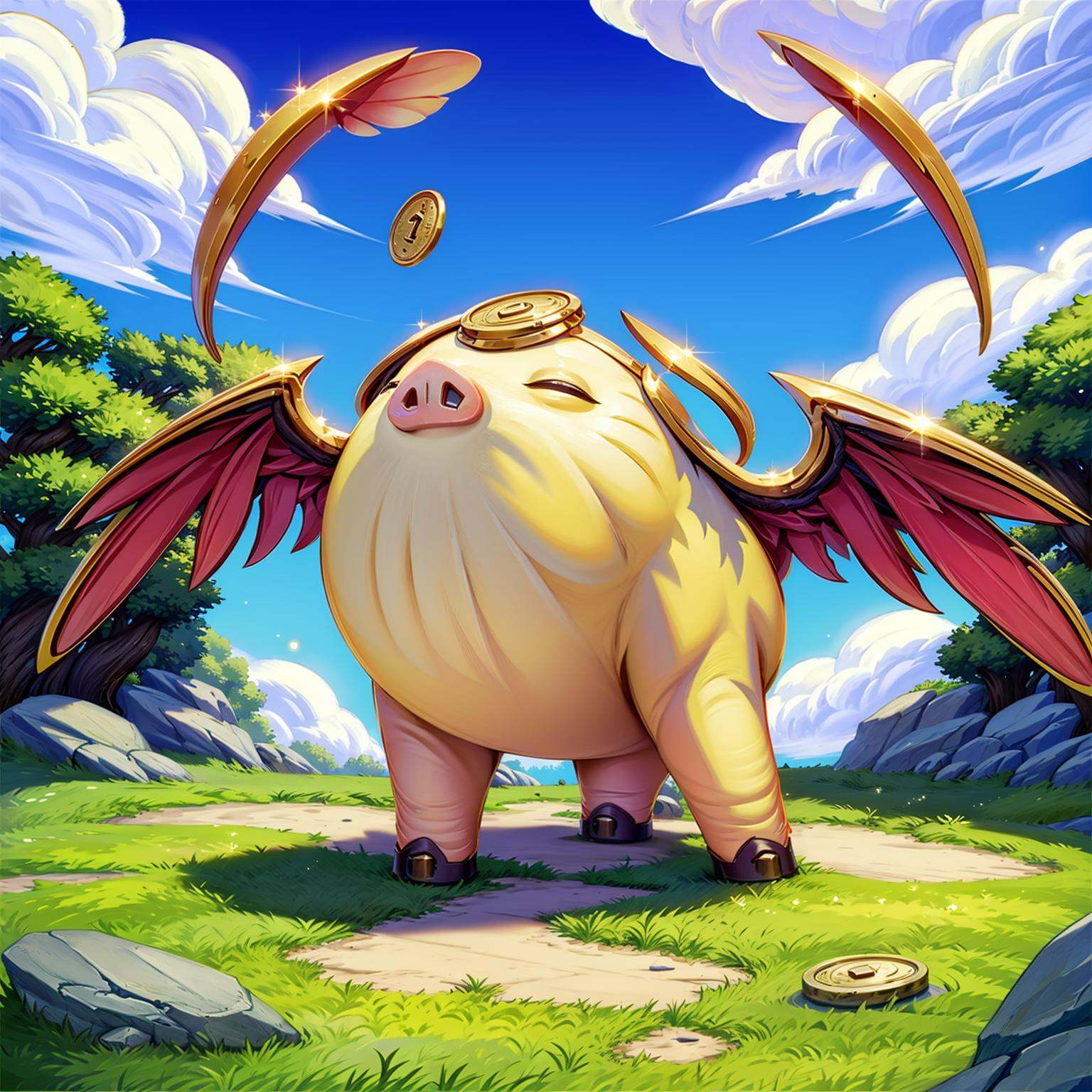HEZI,Teamfight Tactics,little heroes,no humans,sky,tree,day,outdoors,leaf,cloud,pig,solo,coin,blue sky,sparkle,wings,full body,rock,elephant,grass,red hair,gem,standing,cloudy sky,shield,closed eyes,copyright name,<lora:盒子系列——云顶之弈小小英雄设计:0.65>,
