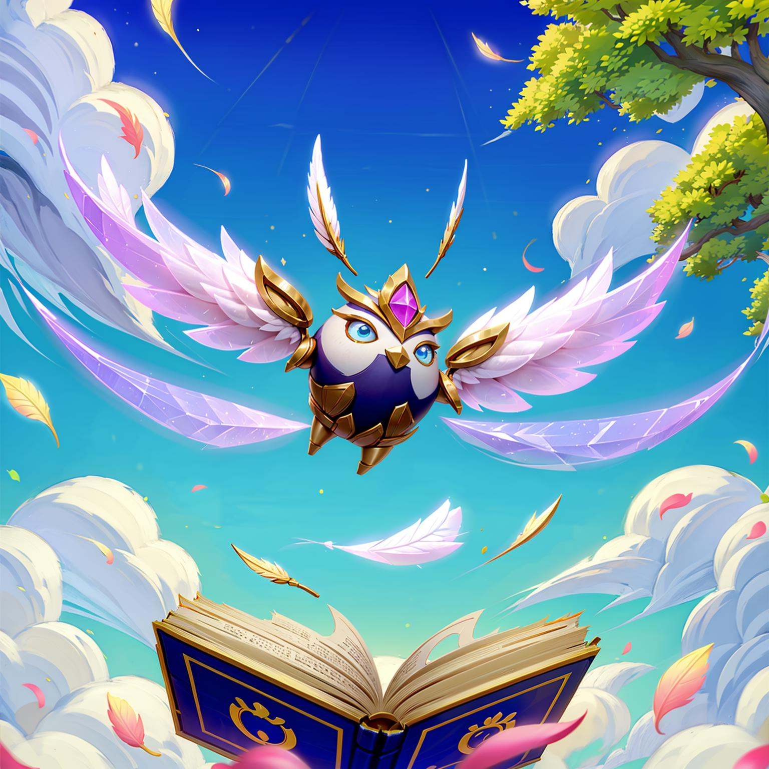 HEZI,Teamfight Tactics,little heroes,no humans,outdoors,sky,day,book,cloud,tree,open book,blue sky,floating,sparkle,crystal,scenery,petals,leaf,gem,still life,feathers,artist name,solo,floating object,quill,blurry foreground,paper,blurry,<lora:小小英雄-000010:0.65>,