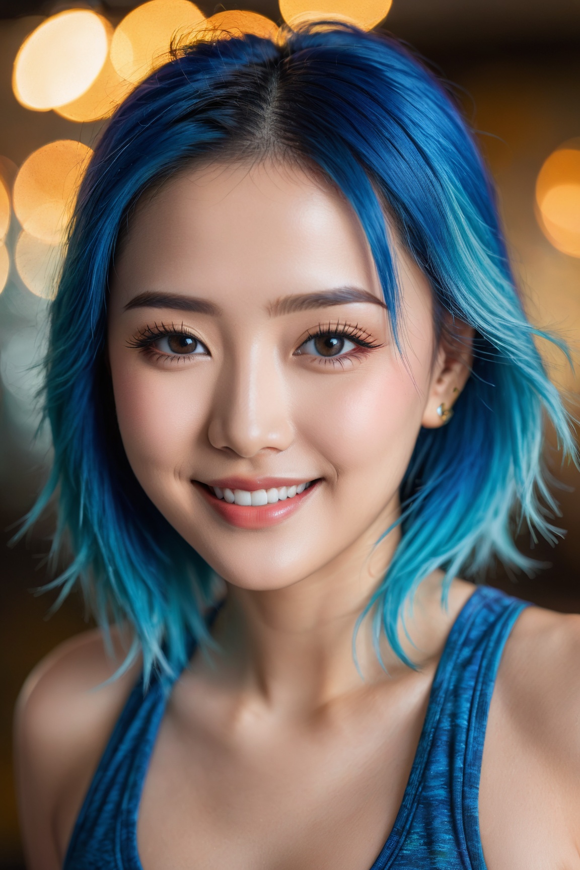 Asian woman,  smiling,  blue hair on Tensor.Art