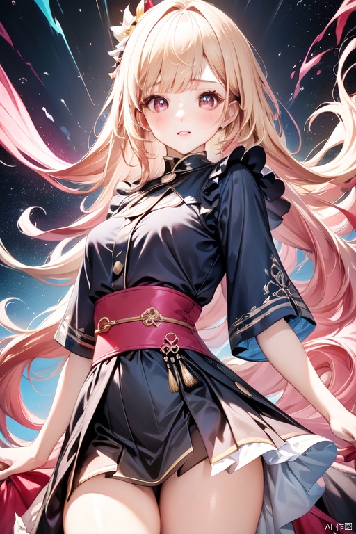An illustration of a girl surrounded by a vibrant, multicolored paint background, reminiscent of abstract expressionist paintings by Jackson Pollock. The girl stands in the center of the composition, her blonde hair flowing gracefully. The colors in the background are a riot of hues, merging and blending together in an explosion of energy and creativity. The lighting is dynamic, with splashes of light and shadow falling across the scene, adding depth and dimension. The atmosphere is lively and joyful, reflecting the girl's playful spirit amidst the colorful chaos. Highest picture quality, masterpiece, exquisite CG, exquisite and complicated hair accessories, big watery eyes, highlights, natural light, Super realistic, cinematic lighting texture, absolutely beautiful, 3D max, vray, c4d, ue5, corona rendering, redshift, octane rendering, （Show whole body）, （all body）, 1girl