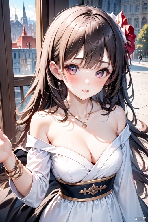 {{masterpiece}}, {best quality}}, {superfine}, {{extremely thin}, 4K, {8K}, best quality, {beauty}, a girl, solo, taking a selfie against the window, light orange and light gold style, white knitwear, advanced magazine, noble and elegant, elegant temperament, lifelike, aesthetic, floral, romantic femininity, long hair, black hair, necklace, bare shoulders, flowers, hair accessories, upper body, shoulder off, powder blusher, makeup Lips, collarbone, long sleeves, Tyndale effect, 8K, large aperture, century masterpiece 