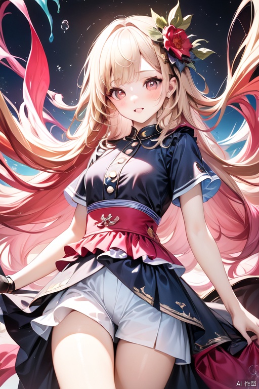 An illustration of a girl surrounded by a vibrant, multicolored paint background, reminiscent of abstract expressionist paintings by Jackson Pollock. The girl stands in the center of the composition, her blonde hair flowing gracefully. The colors in the background are a riot of hues, merging and blending together in an explosion of energy and creativity. The lighting is dynamic, with splashes of light and shadow falling across the scene, adding depth and dimension. The atmosphere is lively and joyful, reflecting the girl's playful spirit amidst the colorful chaos. Highest picture quality, masterpiece, exquisite CG, exquisite and complicated hair accessories, big watery eyes, highlights, natural light, Super realistic, cinematic lighting texture, absolutely beautiful, 3D max, vray, c4d, ue5, corona rendering, redshift, octane rendering, （Show whole body）, （all body）, 1girl