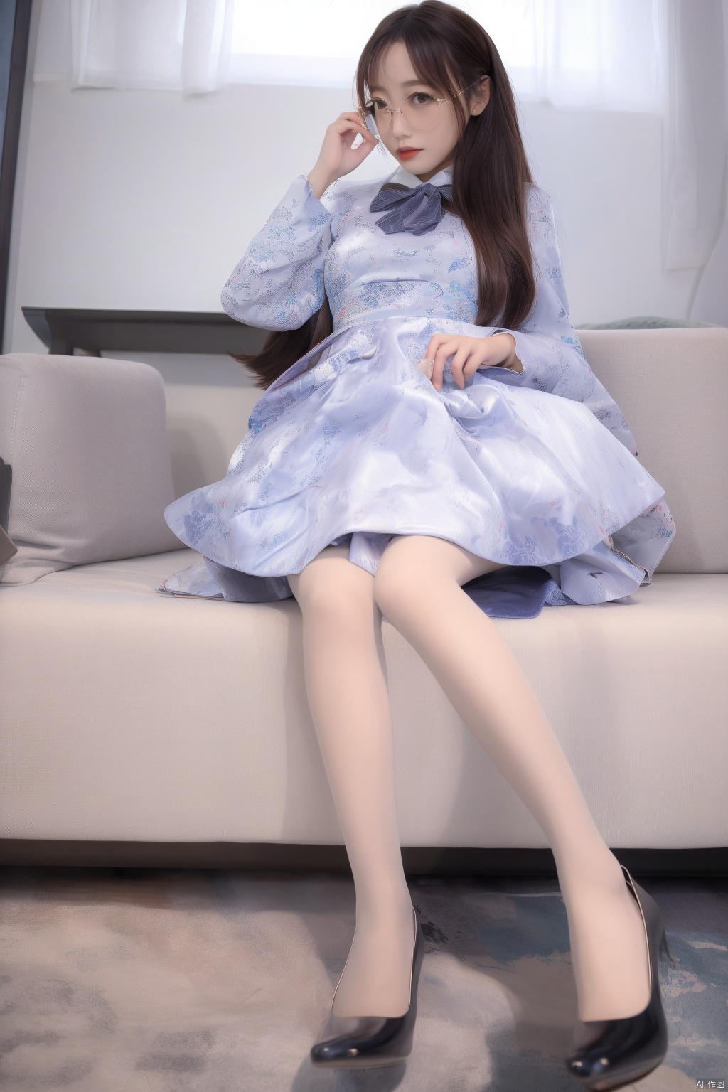  lolanse, aki,1girl named aki,1girl, solo, dress,lolanse_style dress, sitting pantyhose, long hair, white footwear, brown hair, shoes, holding, full body, glasses, box, hair ornament, high heels, black hair, flower, bow, lolita fashion, white pantyhose, platform footwear, hand up, blush, cardboard box, bag, see-through, ribbon, long sleeves, good anatomy, good proportions, shapely body,