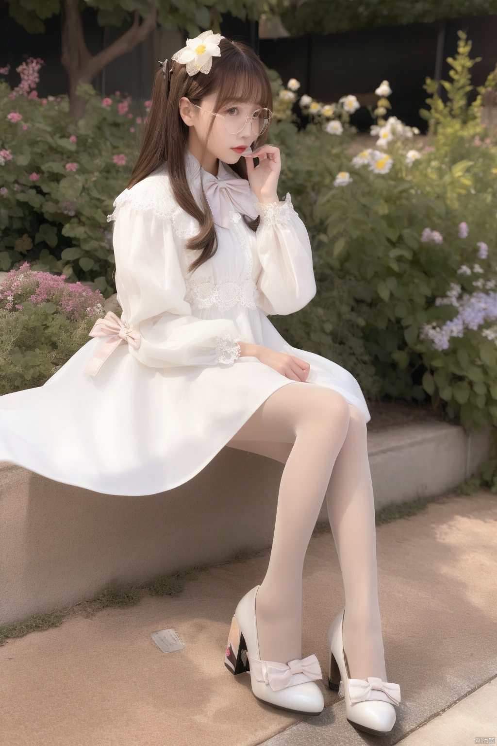 1girl, solo, dress,lolanse_style dress, sitting pantyhose, long hair, white footwear, brown hair, shoes, holding, full body, glasses, box, hair ornament, high heels, black hair, flower, bow, lolita fashion, white pantyhose, platform footwear, hand up, blush, cardboard box, bag, see-through, ribbon, long sleeves, good anatomy, good proportions, shapely body,outdoors