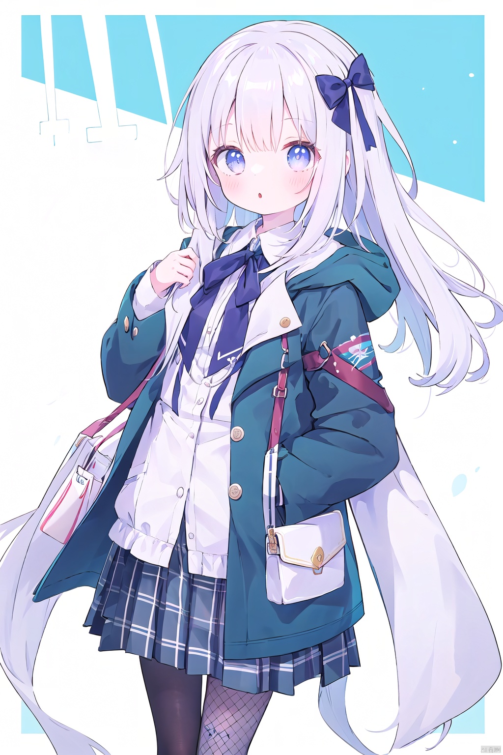 COMIC,  1girl,  bag,  bangs,  fishnet_legwear,  pantyhose,  plaid,  plaid_skirt,  pleated_skirt,  skirt,  solo,  unmoving_pattern,  long_hair,  looking_at_viewer,  shirt,  hair_ornament,  long_sleeves,  bow,  standing,  jacket,  hair_bow,  parted_lips,  open_clothes,  blunt_bangs,  medium_hair,  :o,  coat,  sleeves_past_wrists,  border,  open_coat,<lora:EMS-258722-EMS:0.500000>