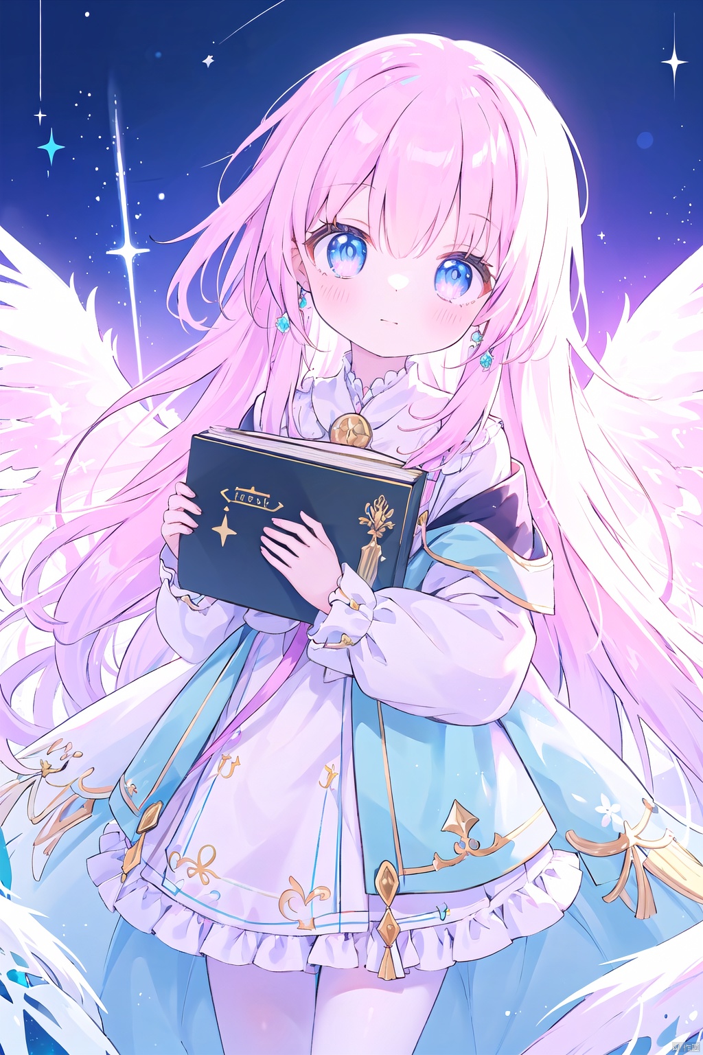 An illustration of a beautiful girl in a manga style, thighs,  inspired by the works of Hayao Miyazaki. aerial fireworks, night sky, planet, light particlesartist name,  aurora, constellation, embers, The girl has flowing pink hair and captivating eyes, electricity, magic, radiating a sense of innocence and charm. The art style is vibrant and colorful,  with a mix of pastel tones and vibrant hues. The lighting is soft and natural,  highlighting her delicate features. gem, glowing jewelry, earrings, The atmosphere is whimsical and enchanting,  transporting the viewer to a dreamlike world., crystal_dress,  crystal,  wings , colorful, 1girl, girl, wangyushan, wings,<lora:EMS-258722-EMS:0.500000>