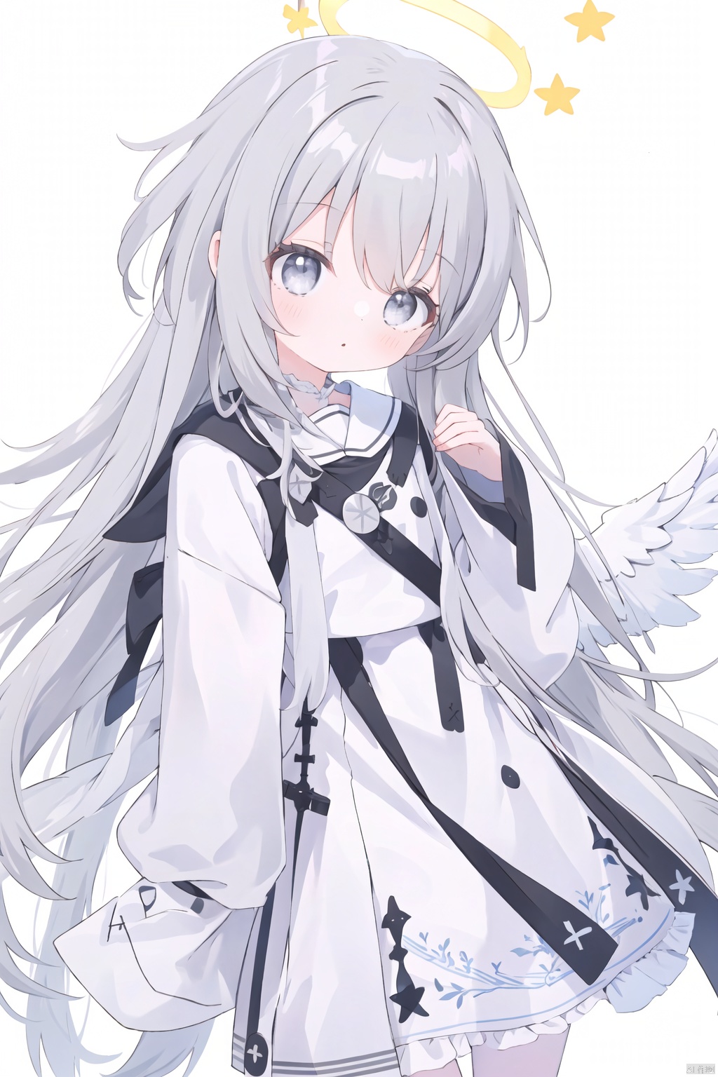  1girl,loli,solo,halo,white background,dress,simple background,grey eyes,long hair,grey hair,long sleeves,sleeves past wrists,white dress,wings,