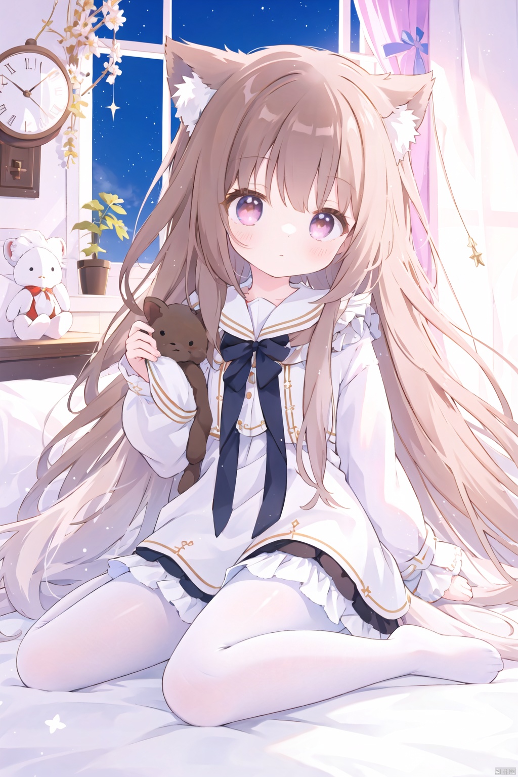  Loli,solo focus,full body,sitting,dynamic angle,white hair,flat chest,frilled,3yo,brown hair,long hair,night,starry sky,dark,sleepy,want to sleep,animal ears hood,A young girl in pajamas holding a large stuffed animal,with a shy expression on her face,in a bedroom setting,The composition should exude a blend of sensuality and innocence,The background should be visually captivating,oyama_mahiro,white pantyhose,