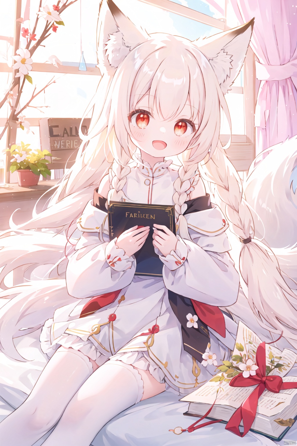  1girl, solo, long_hair, looking_at_viewer, blush, smile, open_mouth, bangs, blonde_hair, hair_ornament, red_eyes, long_sleeves, dress, ribbon, animal_ears, hair_between_eyes, bare_shoulders, very_long_hair, braid, flower, white_hair, :d, off_shoulder, white_dress, twin_braids, animal_ear_fluff, book, fox_ears, fox_tail, low_twintails, x_hair_ornament, white_flower, fox_girl, single_thighhigh, puffy_long_sleeves, asymmetrical_legwear, book_stack