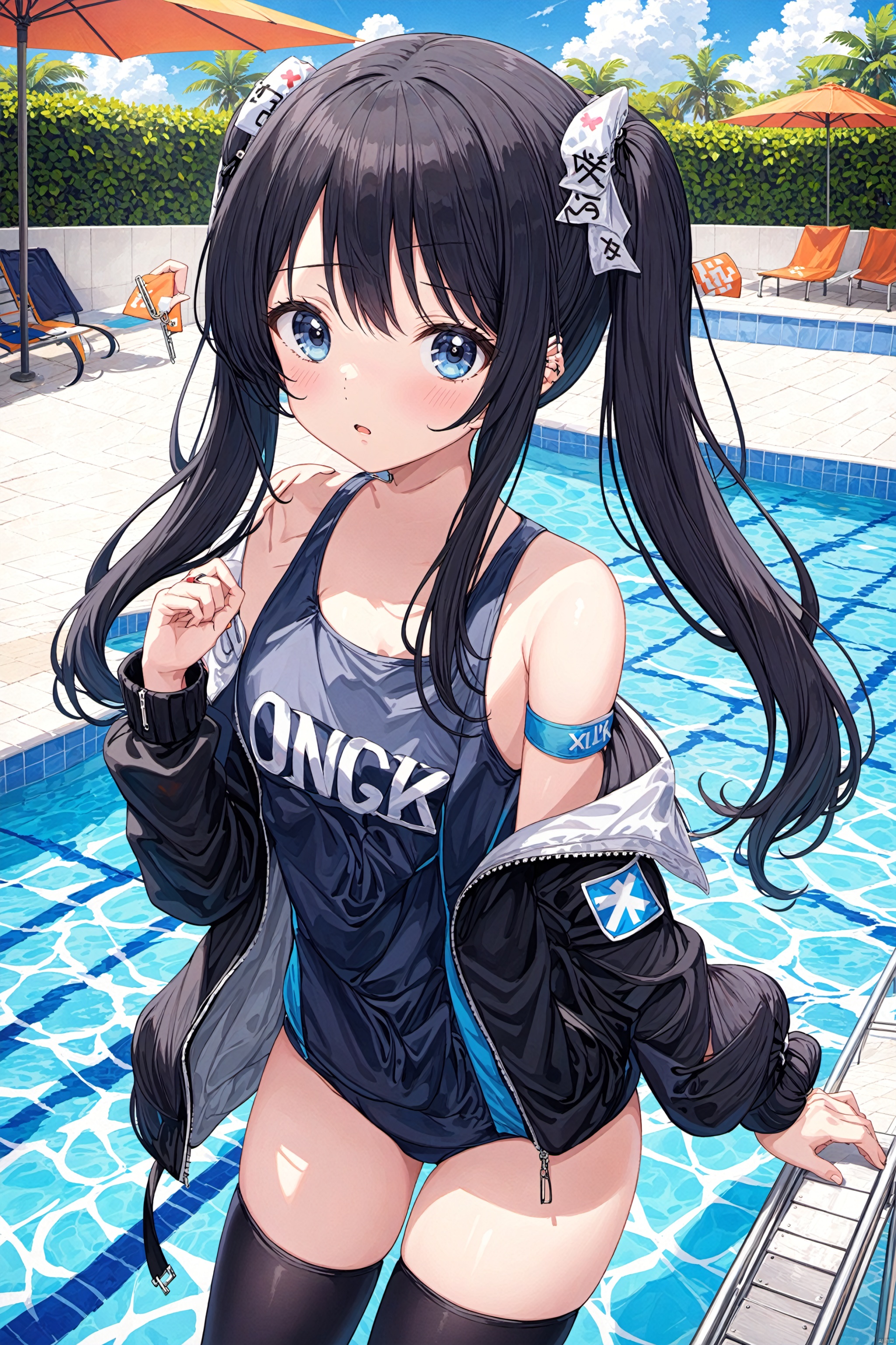 1girl,  solo,  long_hair,  open_mouth,  bangs,  simple_background,  black_hair,  hair_ornament,  thighhighs,  long_sleeves,  white_background,  twintails,  collarbone,  jacket,  swimsuit, open_clothes,  hairclip,  black_thighhighs,  blunt_bangs,  black_eyes,  black_jacket,  one-piece_swimsuit,  sleeves_past_wrists,  grey_eyes,  low_twintails,  looking_away,  school_swimsuit,  x_hair_ornament,  armband,  bandaid,  blue_one-piece_swimsuit,  injury,  name_tag,  bandaid_on_face,  holding_own_arm,  hand_on_own_arm,  cuts,  safety_pin,  poolside,  pool ladder,  swimming club , 
best quality , masterpiece, realistic, Vibrant colors:1.5,  an extremely delicate and beautiful,  finely detail,  extremely detailed CG unity 8k wallpaper, huge filesize,  ultra-detailed,  highres,  RAW photo,  vivid,  intricate details,  perfect eyes,  perfect face,  perfect lighting, 