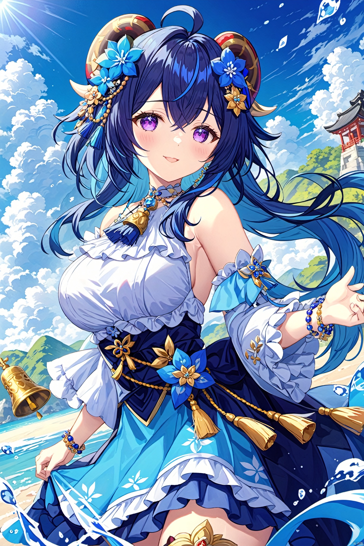  The subject is a single female character with long hair, noticeable breasts, and an engaging gaze towards the viewer. She has a pleasant smile with her mouth slightly open. Her hairstyle includes bangs and sidelocks, complementing her elegant dress adorned with jewelry. She possesses medium-sized breasts and distinctive blue hair that beautifully contrasts with her purple eyes. A flower accessory adorns her head along with an ahoge. The scene takes place outdoors under a sky filled with clouds, where she gracefully raises her arms showcasing delicate bracelets against the backdrop of a serene blue sky. A bell necklace hangs around her neck while she stands in shallow water surrounded by frills and horns. Additionally, she wears an alternate costume featuring tassels and holds a blue flower called "Vision" from the game Genshin Impact, representing the character named Ganyu.