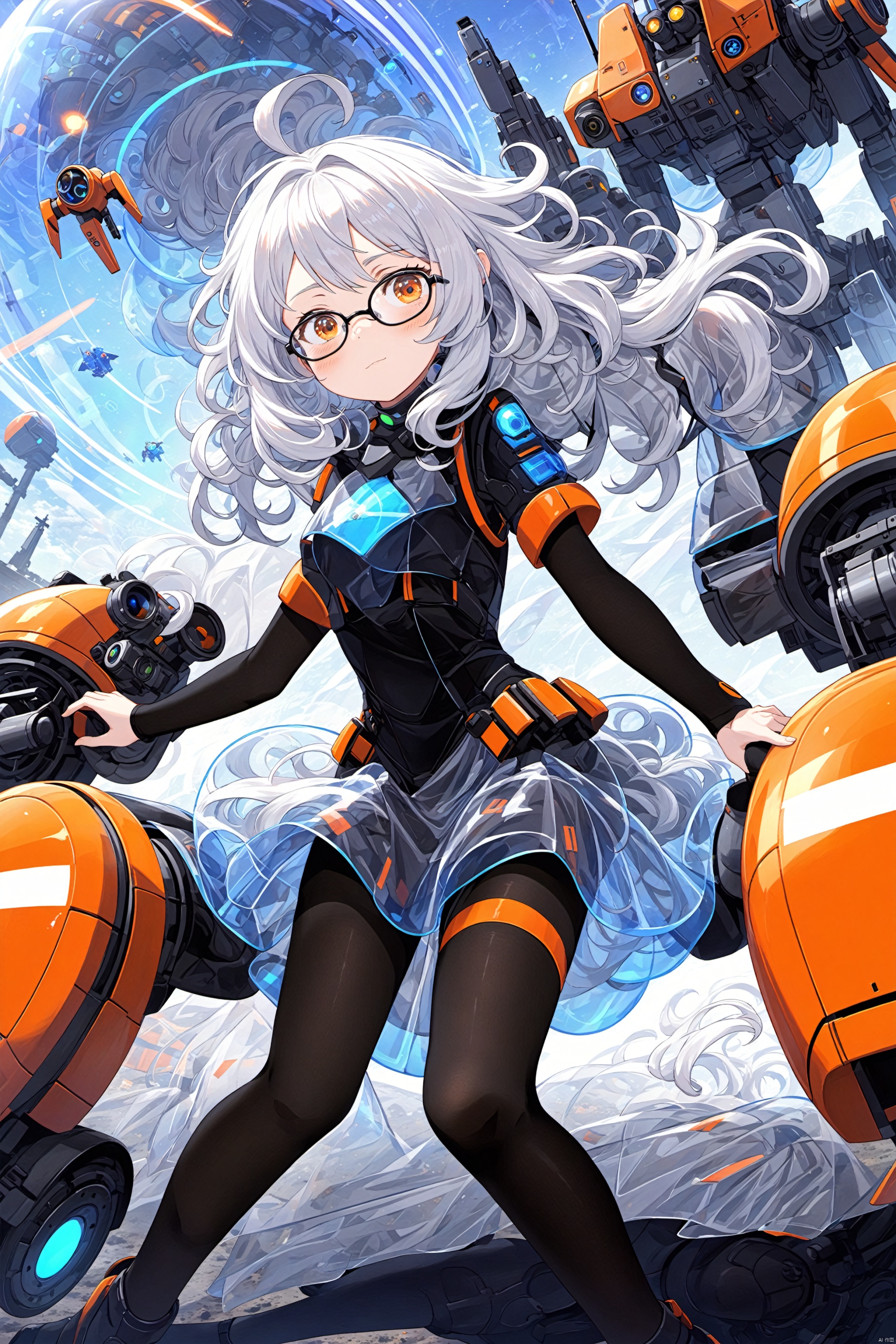 (upper body:0.8),science fiction,1girl,glasses,curly hair,tights,Tights,battle suits,Plastic skirt,(transparent material:0.9),low cut,long white hair,black stockings,translucent material,(gray and bright orange:1.1),ground vehicle,Pixar, , ,blue_IDphoto, , , 