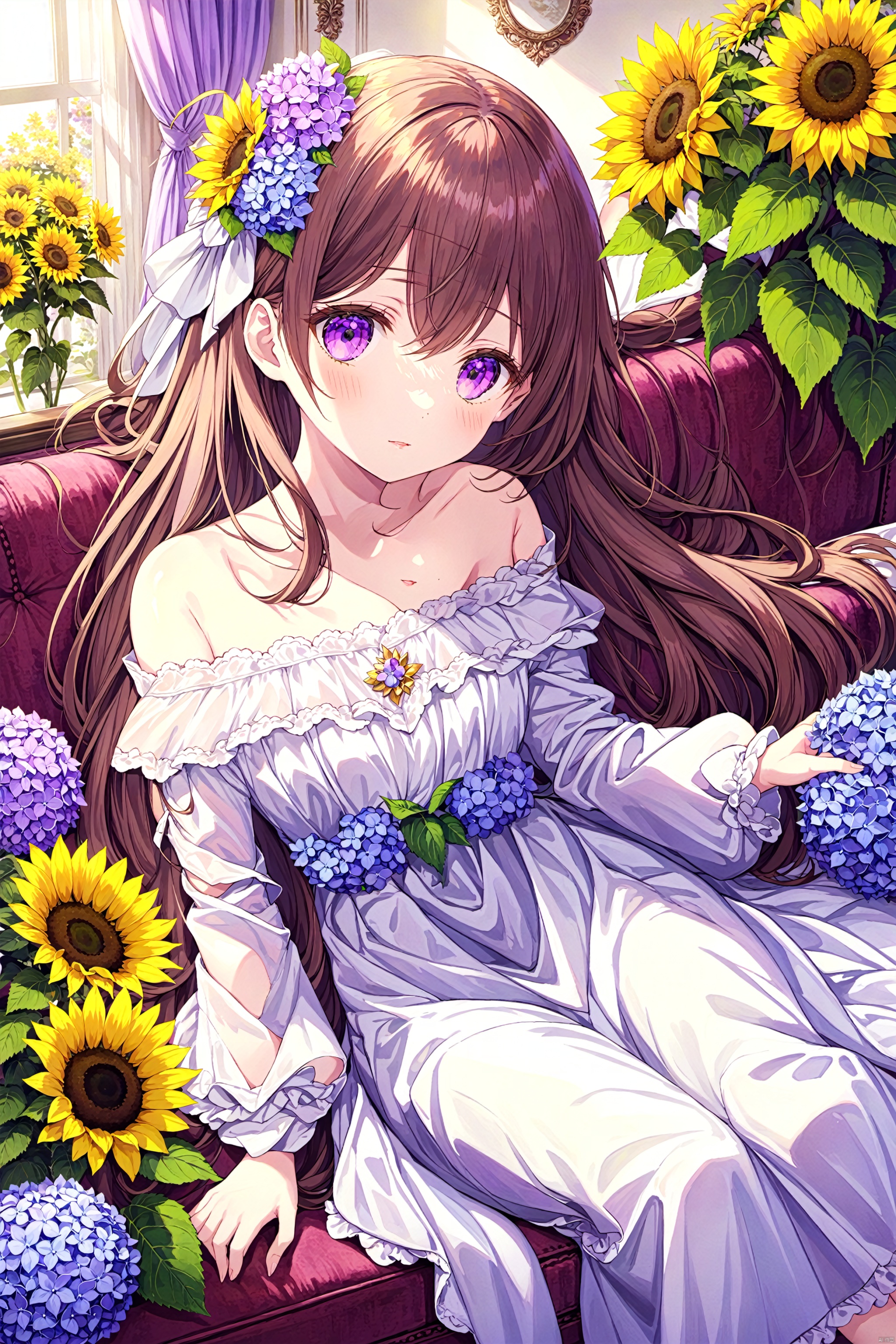 1girl, flower, purple_flower, yellow_flower, long_hair, couch, solo, white_flower, white_dress, looking_at_viewer, bare_shoulders, pink_flower, plant, purple_eyes, hair_flower, off_shoulder, on_couch, on_back, sunflower, long_sleeves, brown_hair, breasts, hair_ornament, lying, bangs, dress, rose, hydrangea, day, parted_lips, , , 