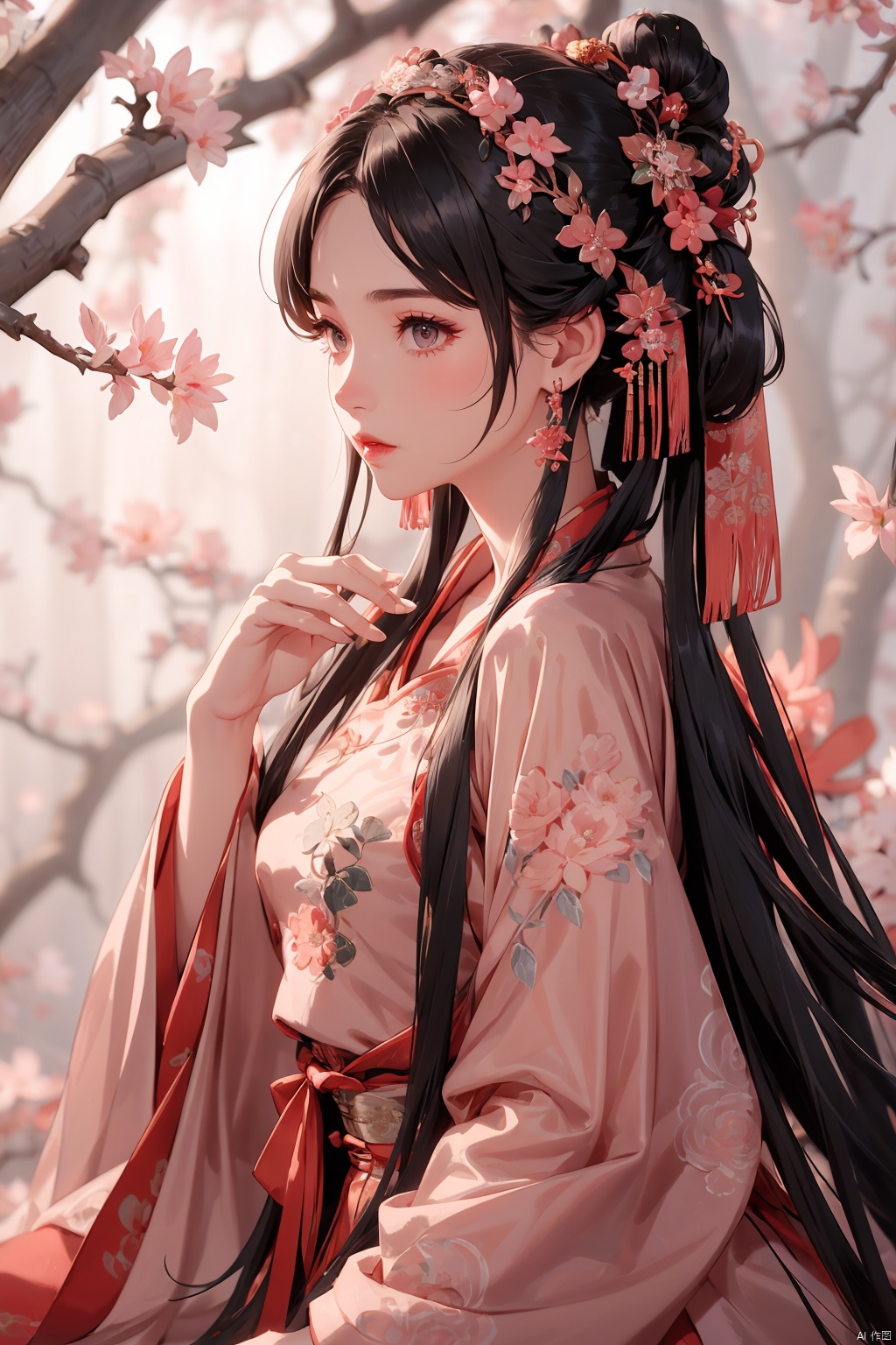  1girl, solo, long hair, black hair, hair ornament, long sleeves, pink background, dress, jewelry, upper body, flower, earrings, hair flower, hair bun, blurry, from side, chinese clothes, single hair bun, shawl, branch, red lips, hanfu