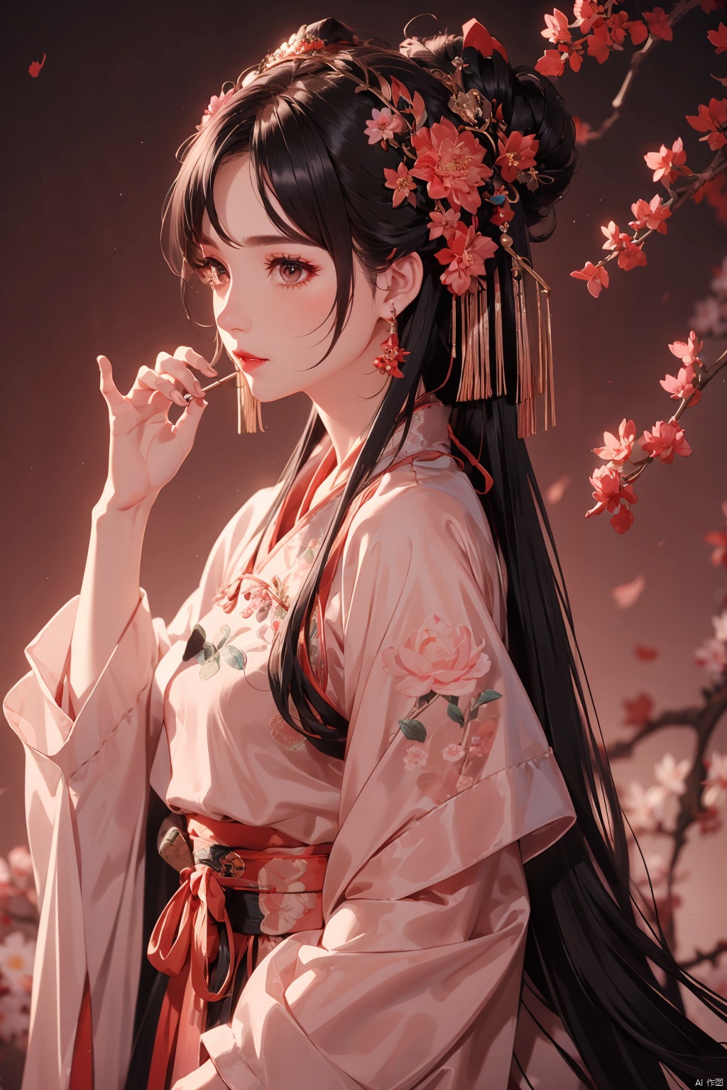  1girl, solo, long hair, black hair, hair ornament, long sleeves, pink background, dress, jewelry, upper body, flower, earrings, hair flower, hair bun, blurry, from side, chinese clothes, single hair bun, shawl, branch, red lips, hanfu