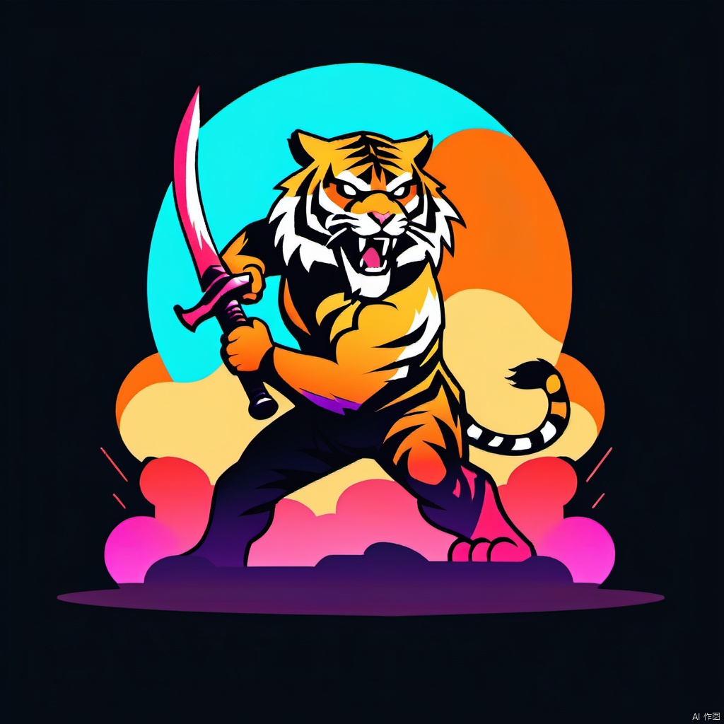 Gradient colors,  the tiger holding a weapon and roaring in the side,  a dominant stance,<lora:EMS-258777-EMS:0.800000>