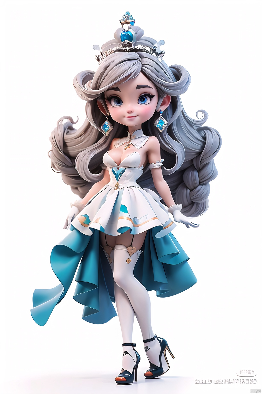  (best quality), ((masterpiece)), (highres), illustration, original, extremely detailed wallpaper. mfworld, solo, breasts, long hair, dress, white background, white dress, full body, simple background, pantyhose, looking at viewer, crown, white footwear, cleavage, bare shoulders, floating hair, bangs, jewelry, gloves, blue eyes, smile, white hair, large breasts, grey eyes, closed mouth, medium breasts, fingerless gloves, white pantyhose, high heels, see-through, elbow gloves, grey hair, clothing cutout, thigh strap, very long hair, shoes, white gloves, mini crown, braid, standing, no background
