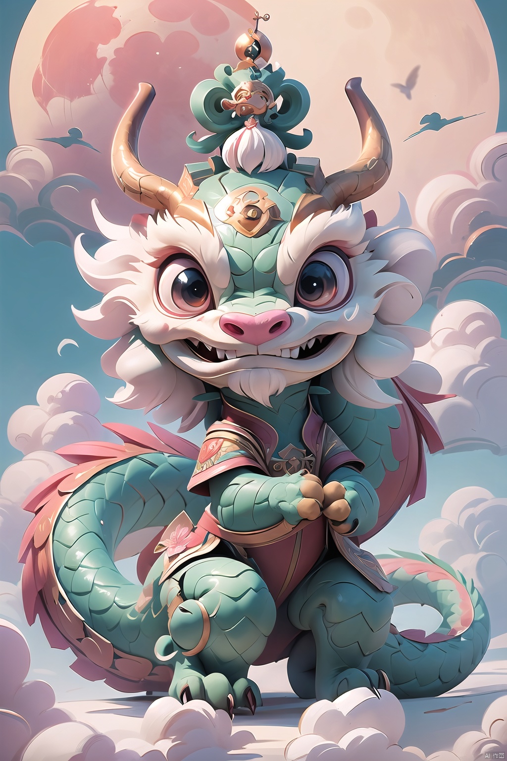 ,eastrn_dragon,cute_girl,dragon,white_dragon,flower,standing,dragon horns,hair_flower,pink_moon,clouds,