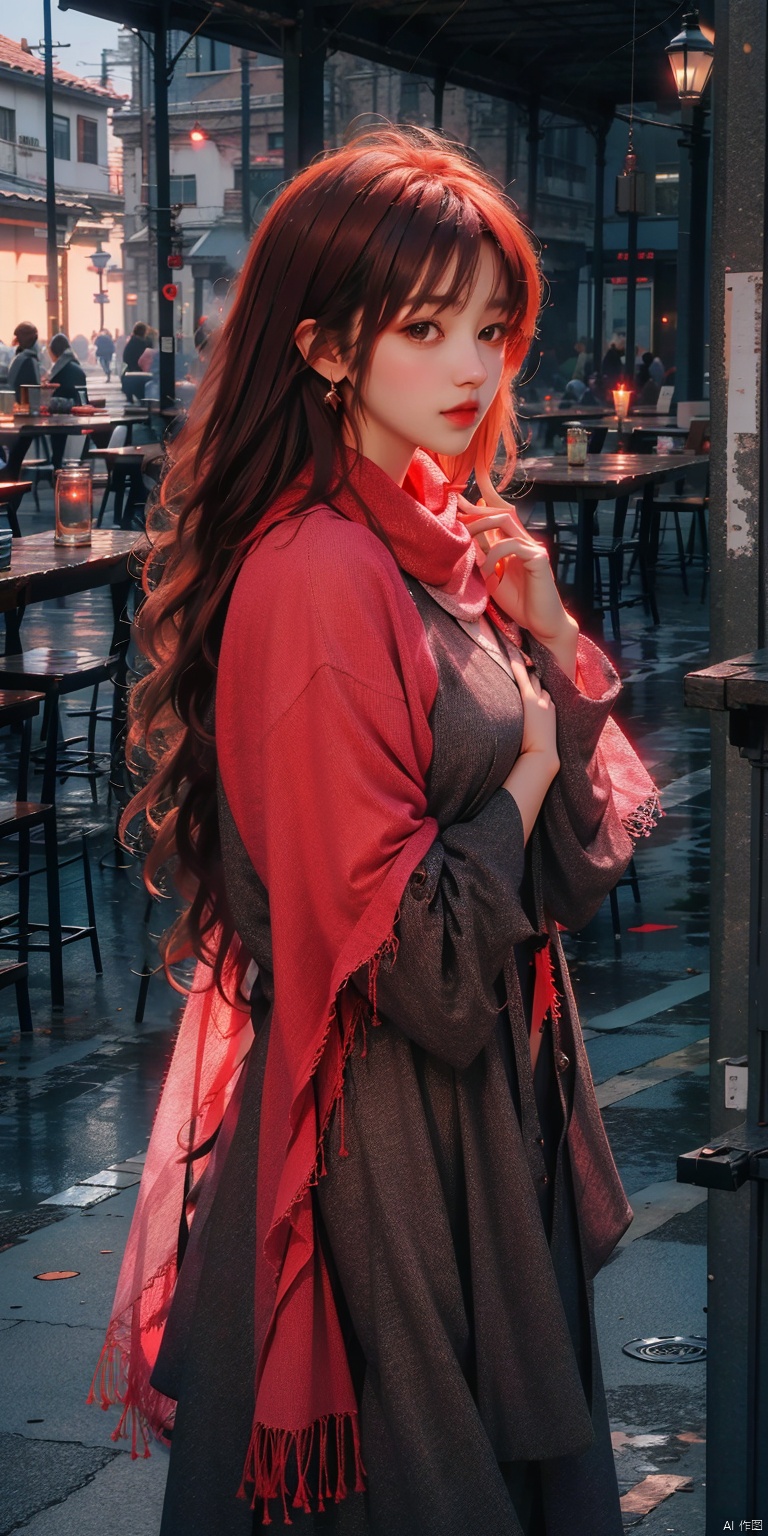  1girl ,solo ,long hair,looking at viewer,brown hair ,standingred hair ,scarf,from sidewaternight