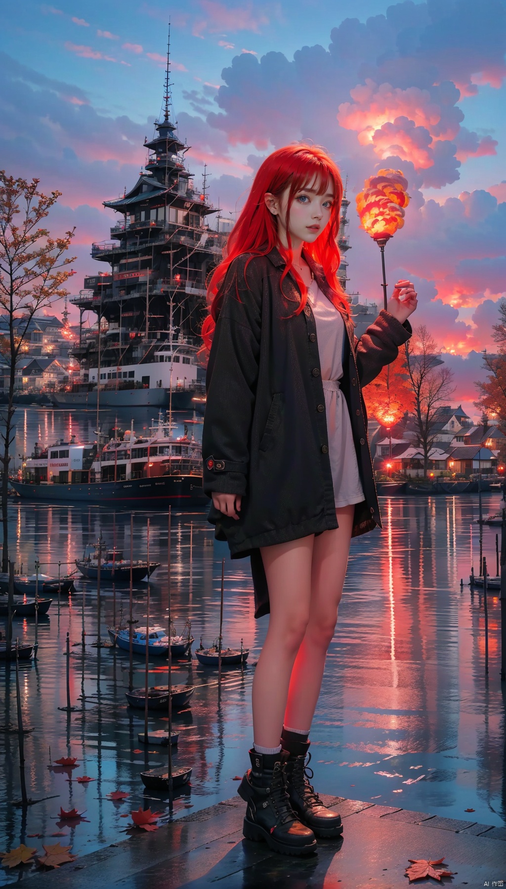 1 Girl, solo, red hair, blue eyes, glowing, glowing eyes,
Perfect body, pretty face with details, whole body, shoes, long eye browses, big, cut eyes, movie lights, Movie lights, strong contrast, high level of detail, best quality, masterpiece, white background, Chinese style, midjournal portal, lake surface, small boat, fallen leaves, autumn, military coat, sunset, sunset, sunset, red clouds, reflection,
