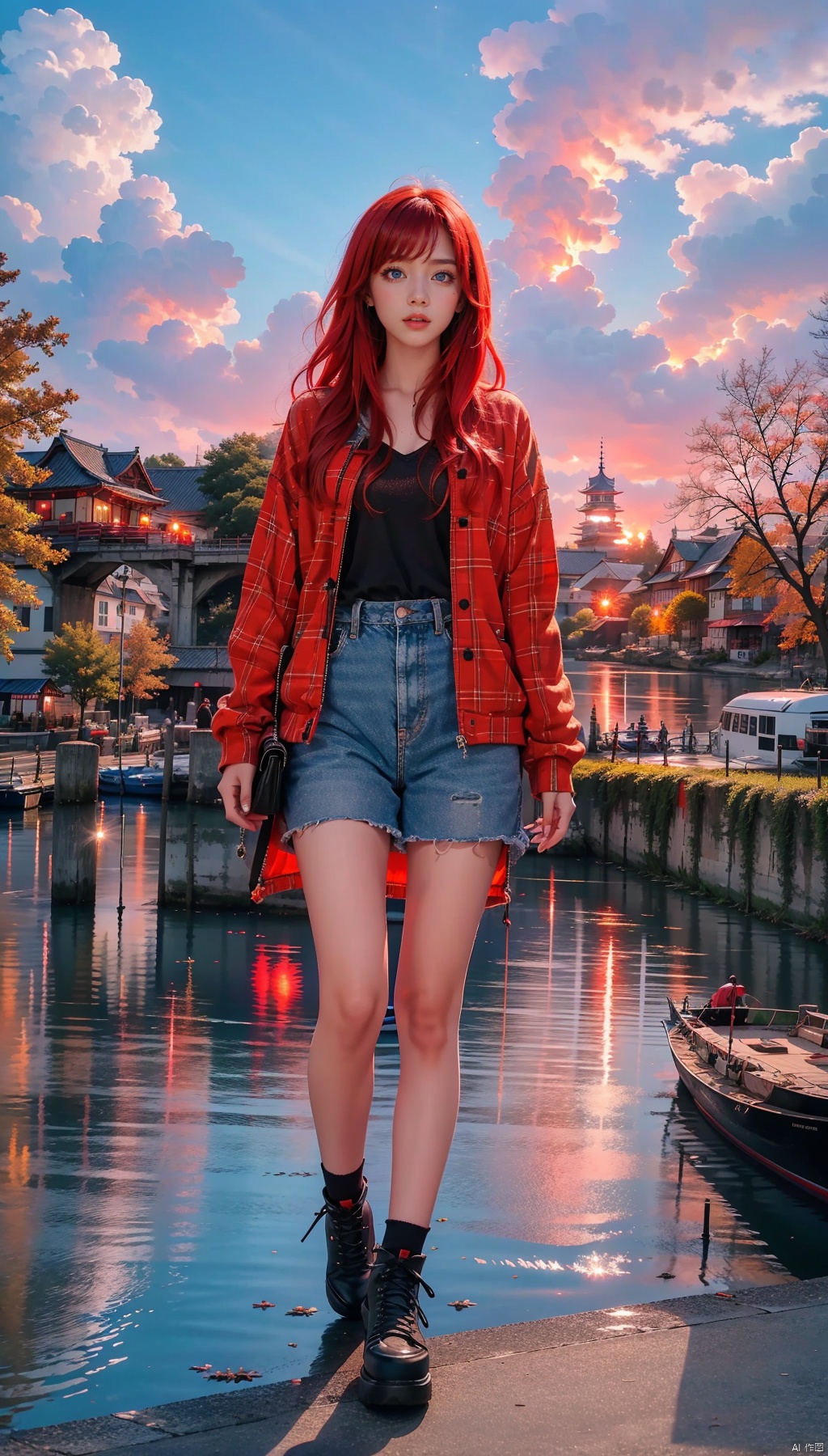  1 Girl, solo, red hair, blue eyes, glowing, glowing eyes,
Perfect body, pretty face with details, whole body, shoes, long eye browses, big, cut eyes, movie lights, Movie lights, strong contrast, high level of detail, best quality, masterpiece, white background, Chinese style, midjournal portal, lake surface, small boat, fallen leaves, autumn, military coat, sunset, sunset, sunset, red clouds, reflection,
