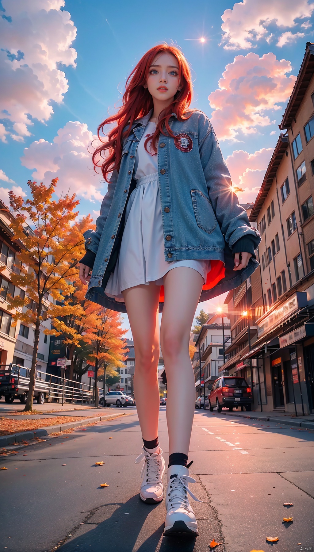  1 Girl, solo, red hair, blue eyes, glowing, glowing eyes,
Perfect body, pretty face with details, whole body, shoes, long eye browses, big, cut eyes, movie lights, Movie lights, strong contrast, high level of detail, best quality, masterpiece, white background, Chinese style, midjournal portal, lake surface, small boat, fallen leaves, autumn, military coat, sunset, sunset, sunset, red clouds, reflection,