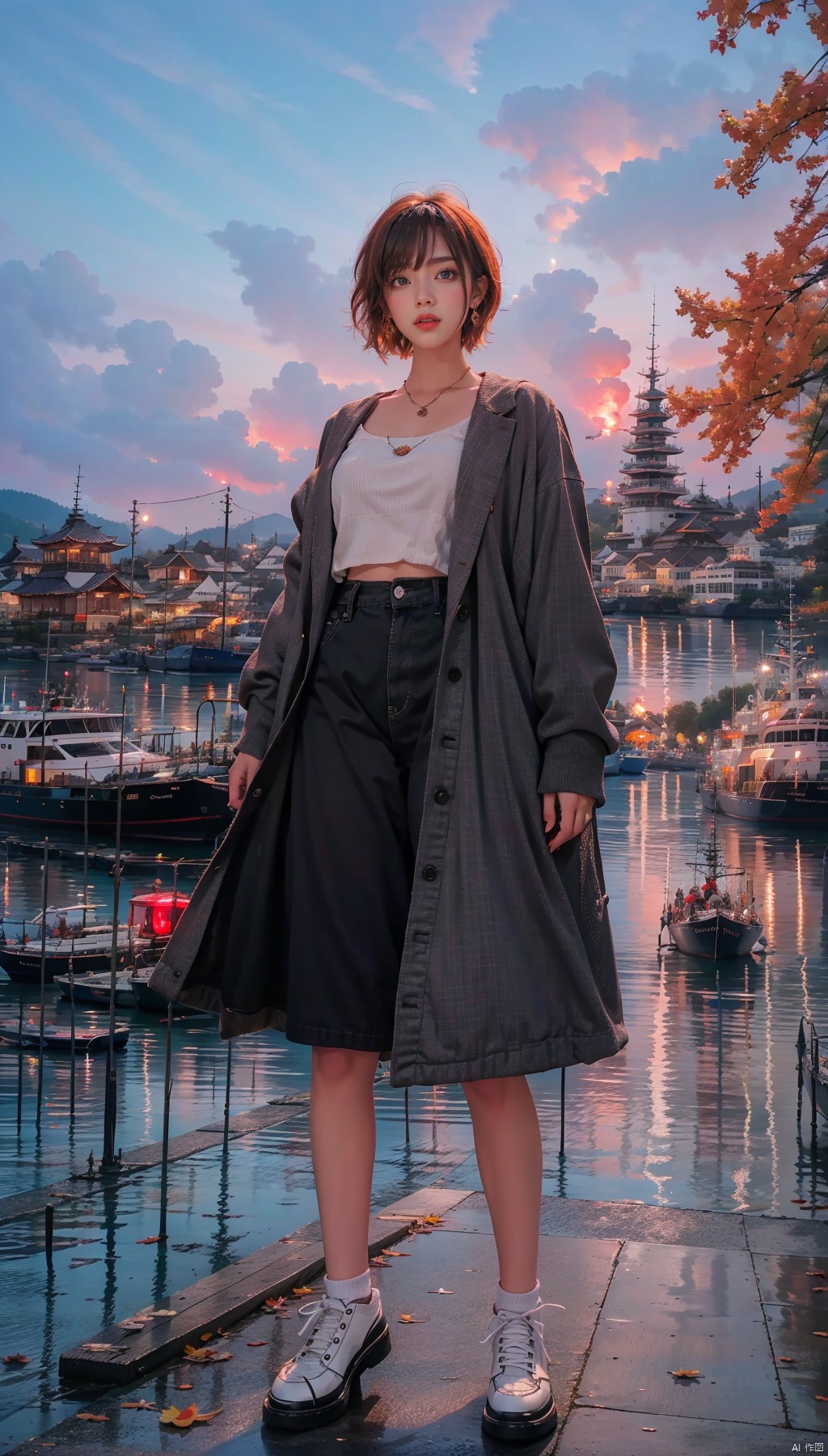 1 Girl, solo, short hair, bands, red eyes, glowing, glowing eyes,
Perfect body, pretty face with details, whole body, shoes, long eye browses, big, cut eyes, movie lights, Movie lights, strong contrast, high level of detail, best quality, masterpiece, white background, Chinese style, midjournal portal, lake surface, boat, fallen leaves, autumn