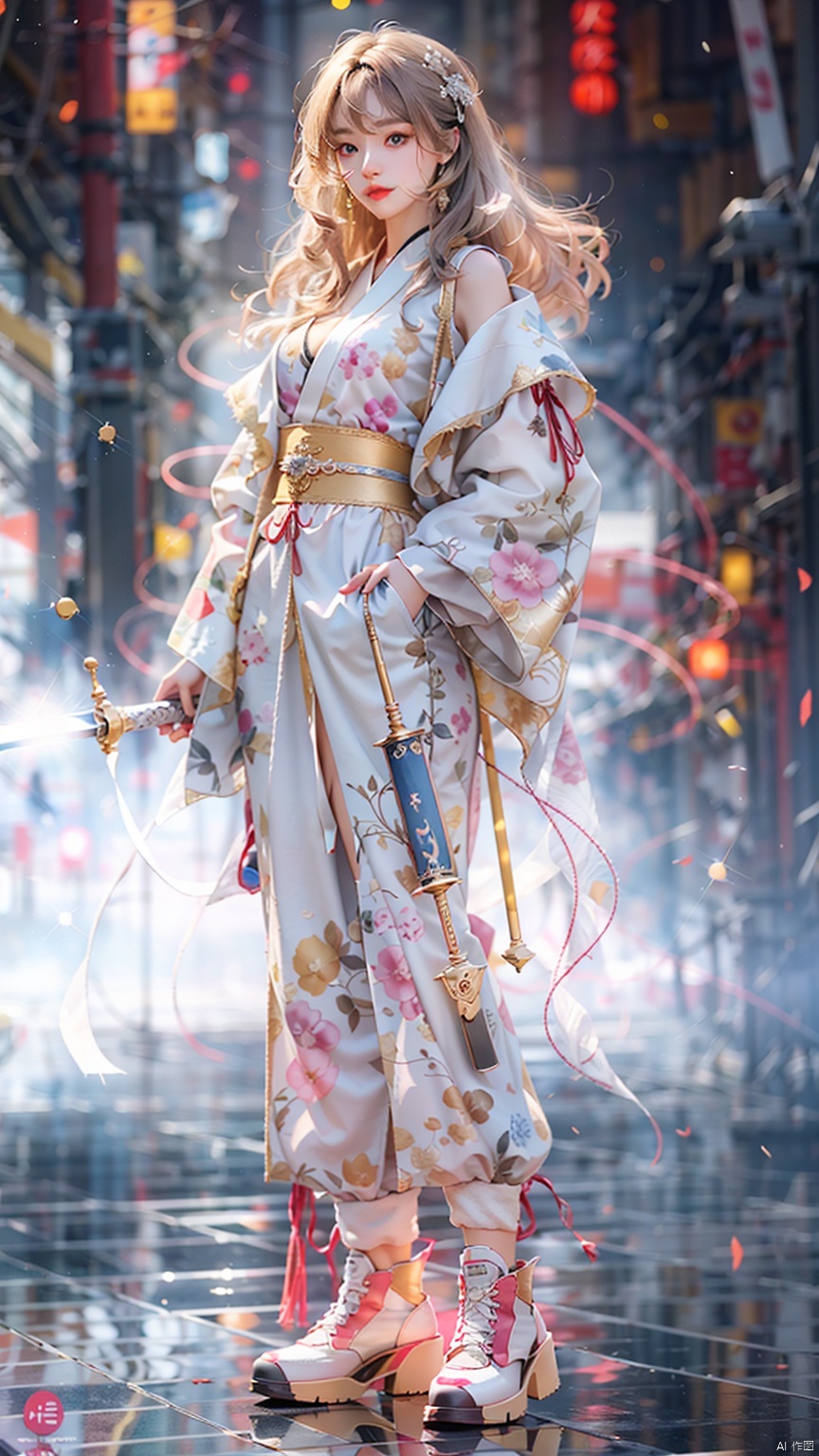 1 girl, holding a Japanese sword, not looking at the camera, three-dimensional facial features, Asian face, bangs, long hair, solo, blue eyes, holding, glow, robot, mecha, science fiction, open_ Hand, movie lighting, strong contrast, high level of detail, best quality, masterpiece, spirit, crystal_ Dress, crystal, with white, blue, and silver as the main color tones Kimono, Hanfu, clouds, with a background of an Eastern dragon (with high-precision details)., long, Chinese style, sdmai
