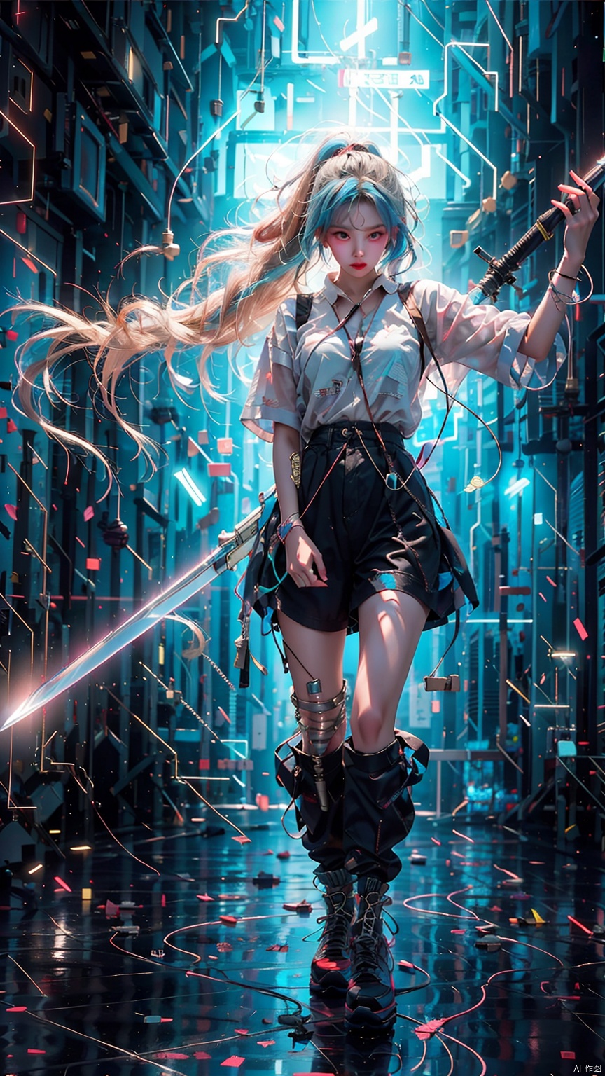  1 girl, loose clothes, (holding a samurai sword) (blue hair, blue eyes, three-dimensional facial features, big eyes, light makeup, lying silkworm), (loli height, standing on a mirrored stage, full body photo), (overhead view), (workwear pants, clothing - street hip-hop), (exquisite masterpiece), (holographic projection), (cyberpunk style), (mechanical modular background), (Luminous circuit) (Flashing neon light) (Blue illuminated background) (Background blurring treatment)
