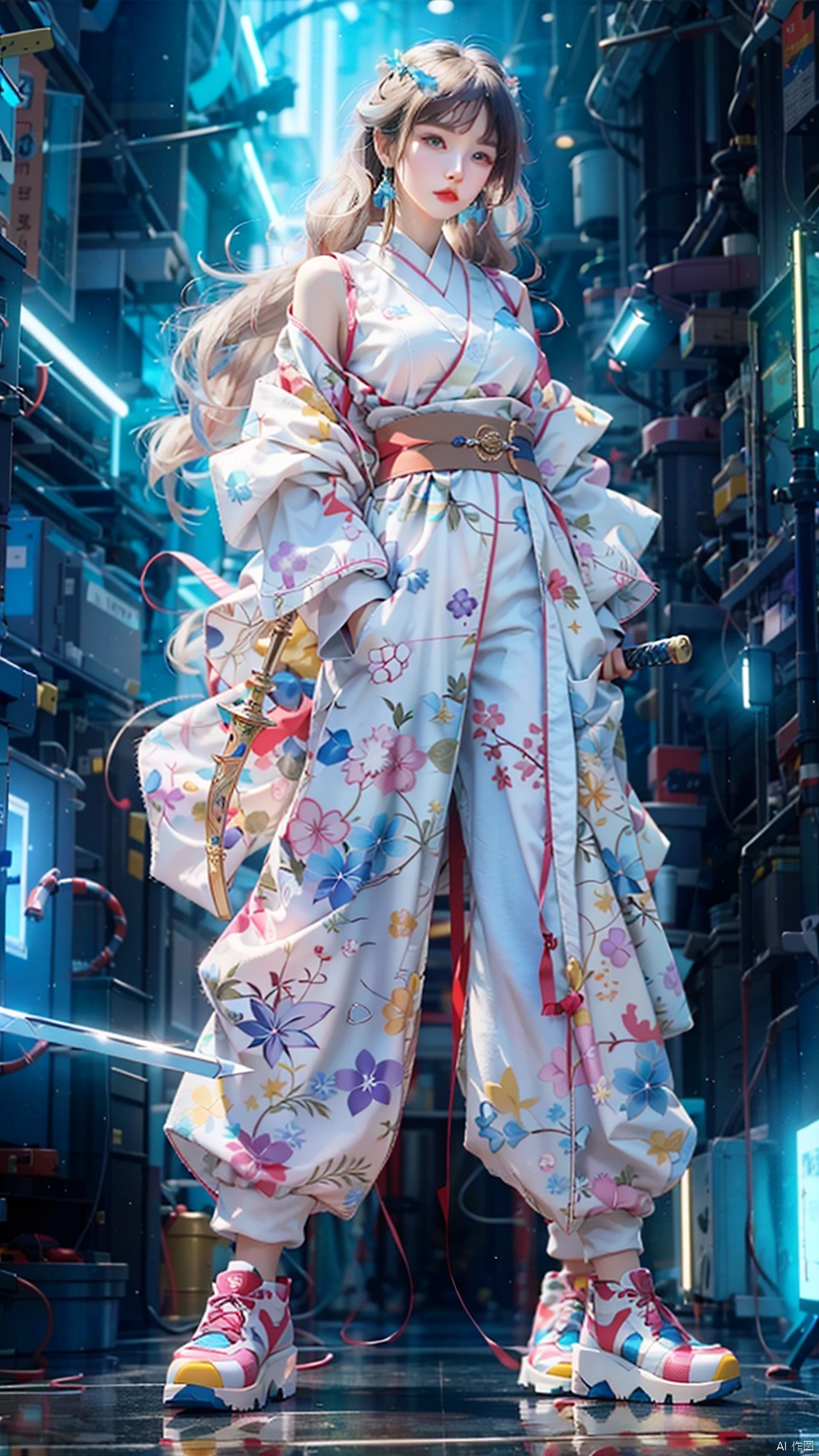 1 girl, holding a Japanese sword, not looking at the camera, three-dimensional facial features, Asian face, bangs, long hair, solo, blue eyes, holding, glow, robot, mecha, science fiction, open_ Hand, movie lighting, strong contrast, high level of detail, best quality, masterpiece, spirit, crystal_ Dress, crystal, with white, blue, and silver as the main color tones Kimono, Hanfu, clouds, with a background of an Eastern dragon (with high-precision details)., long, Chinese style, sdmai
