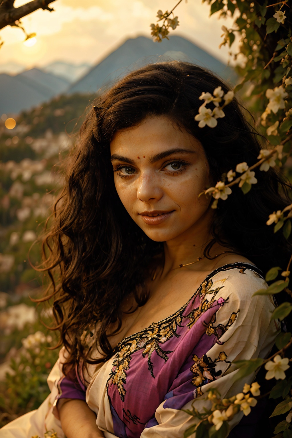 A beautiful woman stood atop a rocky outcropping, symmetrical eyes, Her hair was swept up in loose curls that tumbled down her back, a subtle hint of makeup accentuated her high cheekbones, full lips, and flawless complexion. As she turned to face the camera, a soft smile played at the corners of her mouth, framing her delicate features and piercing blue eyes overlooking a breathtaking valley below. She wore a flowing wedding dress that billowed gently in the breeze ,the lace was delicately embroidered with tiny flowers and vines, while the hem was adorned with sparkling crystals that caught the light and glimmered like stars. In the foreground, a bed of wildflowers added a pop of color to the scene, with vibrant hues of pink, purple, and yellow. Bees buzzed lazily from blossom to blossom, collecting nectar in the golden light of the setting sun. The sun was setting behind the mountains, casting a warm orange glow across the vast landscape.,hinata(boruto),Heterochromia girl,shine eyes01,Curly hair women