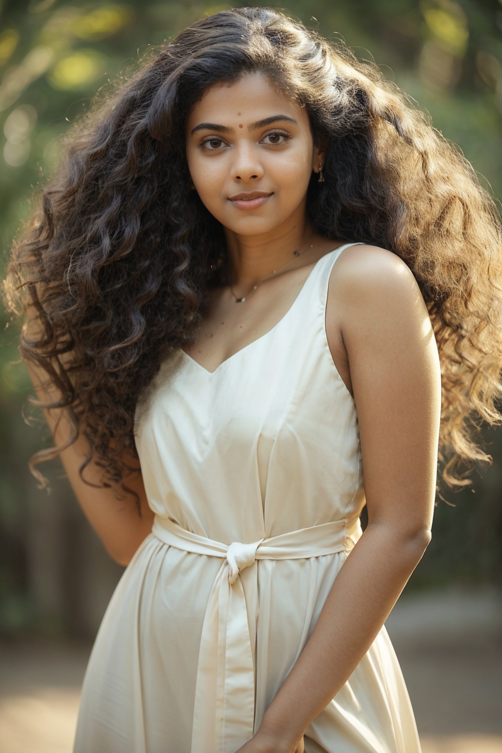 22 year old young woman,  thick waist, long curly brown hair, futuristic dress, bioluminescence, front view, movie scene, cinematic, high-quality, ultra-detailed, professionally color graded, professional photography.  ( hard light:1.2), (volumetric:1.2), well-lit, double exposure, award-winning photograph, dramatic lighting, dramatic shadows, illumination, long shot, wide shot, full body, at studio, smart watch on left hand, happy_face, Fast shutter speed, 1/1000 sec shutter, salwar, hand_up, sleeveless,18 year old girl,Athulya,1 girl,perfect,REALISTIC,20 year old girl,Curly hair women,dream_girl