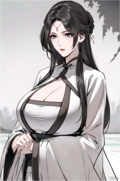  solo, highly detailed, cinematic highlight hair, (best quality), ((masterpiece)),1girl,hanfu, black hair,simple_background, long hair,hanfu, peiyuhan, big_breasts,see-through,cleavage cutout, huliya,(old), pf-hd