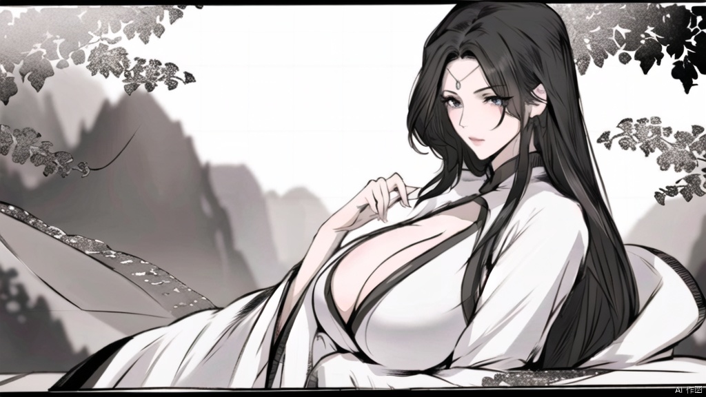  (((solo))), highly detailed, cinematic highlight hair, (best quality), ((masterpiece)),1girl,hanfu, black hair,simple_background, long hair,hanfu, peiyuhan, big_breasts,see-through,cleavage cutout, huliya,(old), pf-hd,NSFW,holding person,yokozuwari,