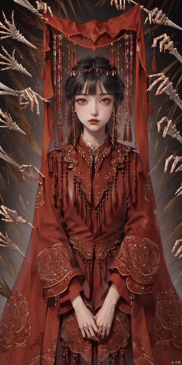 1girl, solo, long hair, looking at viewer, bangs, black hair, long sleeves, dress, parted lips, tears, wide sleeves, blunt bangs, book, tassel, veil, straight-on, skeleton,<lora:EMS-73769-EMS:0.400000>,<lora:EMS-258931-EMS:0.800000>