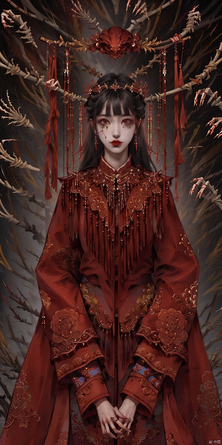 1girl, solo, long hair, looking at viewer, bangs, black hair, long sleeves, dress, parted lips, tears, wide sleeves, blunt bangs, book, tassel, veil, straight-on, skeleton,  qzcnhorror,<lora:EMS-73769-EMS:0.400000>,<lora:EMS-258931-EMS:0.800000>,<lora:EMS-74631-EMS:0.500000>