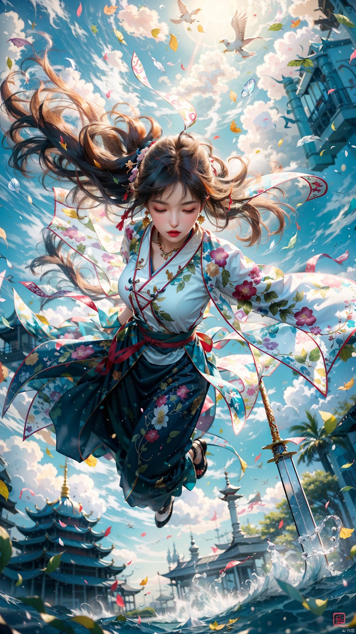  (Heading up) (Positive Light) Female Focus, Lightness Skill, Imperial Sword (Straight Sword) (Giant Phoenix Projection)
Red lips, bangs, earrings, kimono, Chinese cardigan, print, tassels
Cloud and mist whirlwind, shrouded in clouds and mist, ethereal aura drifting, Chinese architecture, Taoist runes