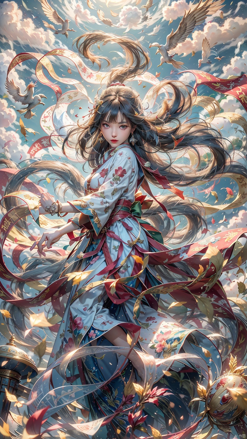 (Heading up) (Positive Light) Female Focus, Lightness Skill, Imperial Sword (Straight Sword) (Giant Phoenix Projection)
Red lips, bangs, earrings, kimono, Chinese cardigan, print, tassels
Cloud and mist whirlwind, shrouded in clouds and mist, ethereal aura drifting, Chinese architecture, Taoist runes