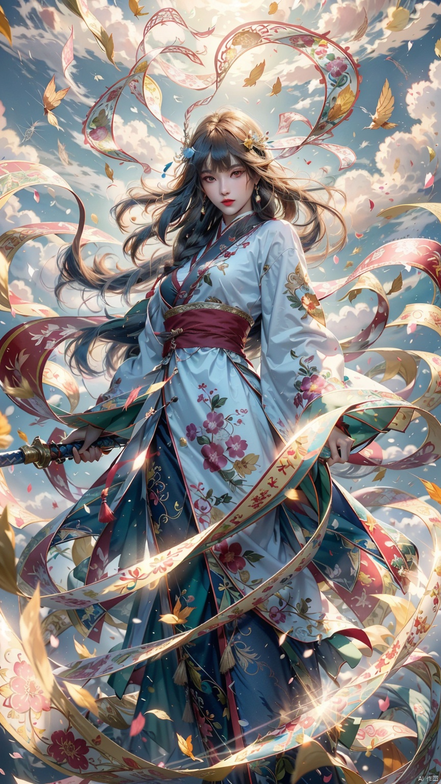 (Heading up) (Positive Light) Female Focus, Sword (Straight Sword) (Giant Phoenix Projection)
Red lips, bangs, earrings, kimono, Chinese cardigan, print, tassels
Cloud and mist whirlwind, shrouded in clouds and mist, ethereal aura drifting, Chinese architecture, Taoist runes