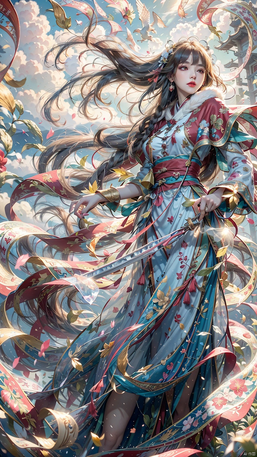  (Heading up) (Positive Light) Female Focus, Lightness Skill, Imperial Sword (Straight Sword) (Giant Phoenix Projection)
Red lips, bangs, earrings, kimono, Chinese cardigan, print, tassels
Cloud and mist whirlwind, shrouded in clouds and mist, ethereal aura drifting, Chinese architecture, Taoist runes
